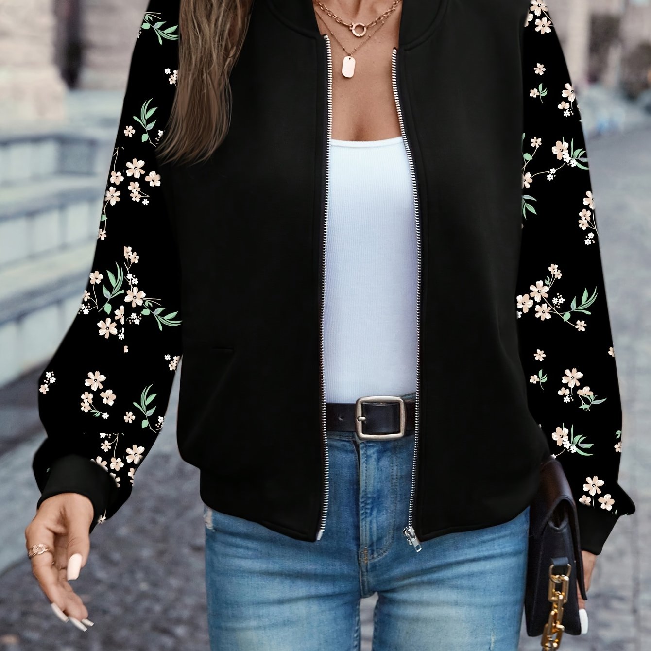 TEMU Veste légère à col et ourlets côtelés pour femmes, motif floral, pour et , bureau, shopping, et tenue décontractée