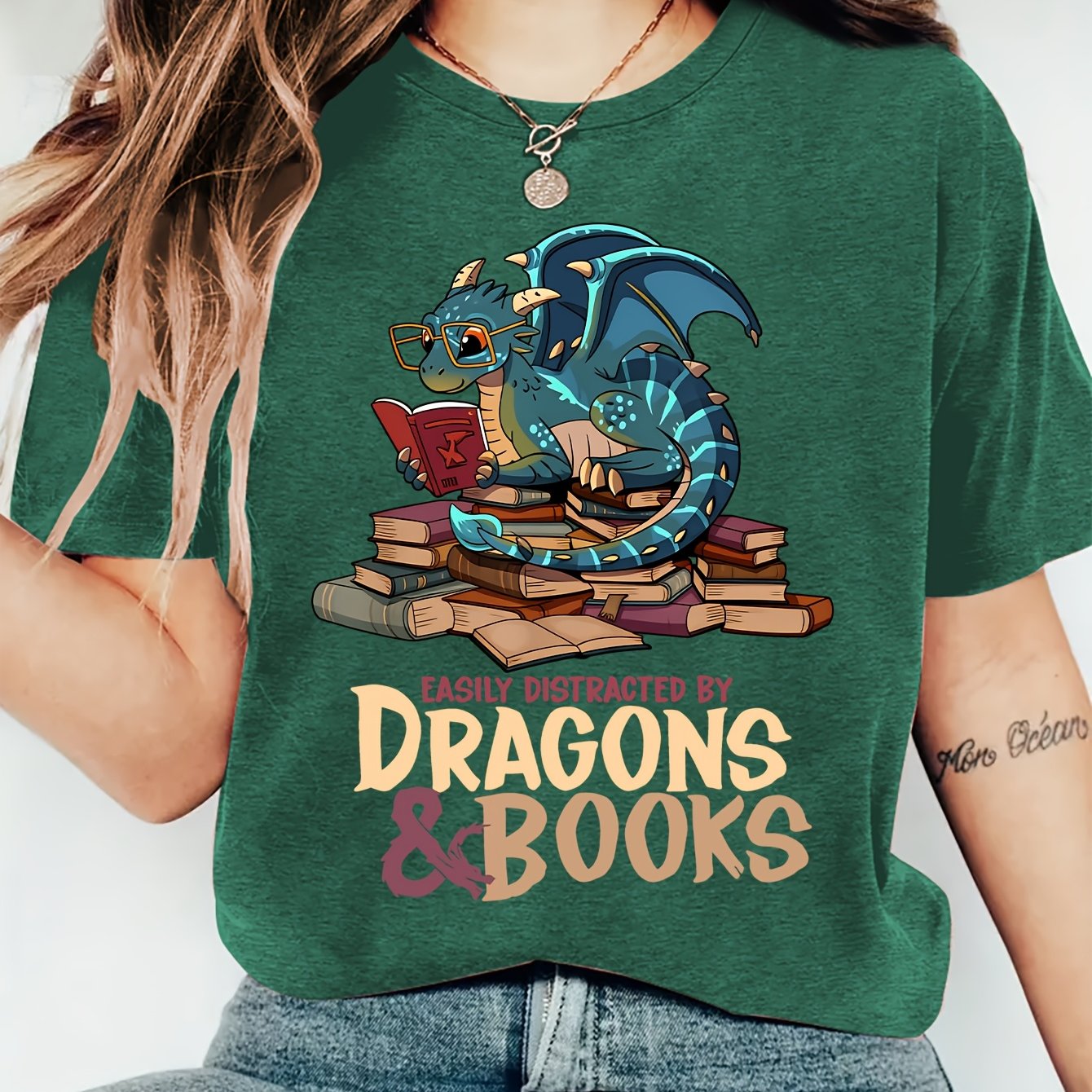 TEMU Blue Dragon Buried In Books Letter Print Crew Neck Short Sleeve T-shirt | Comfortable, Soft, Fashionable, Elegant, Vintage Style, Medium Stretch