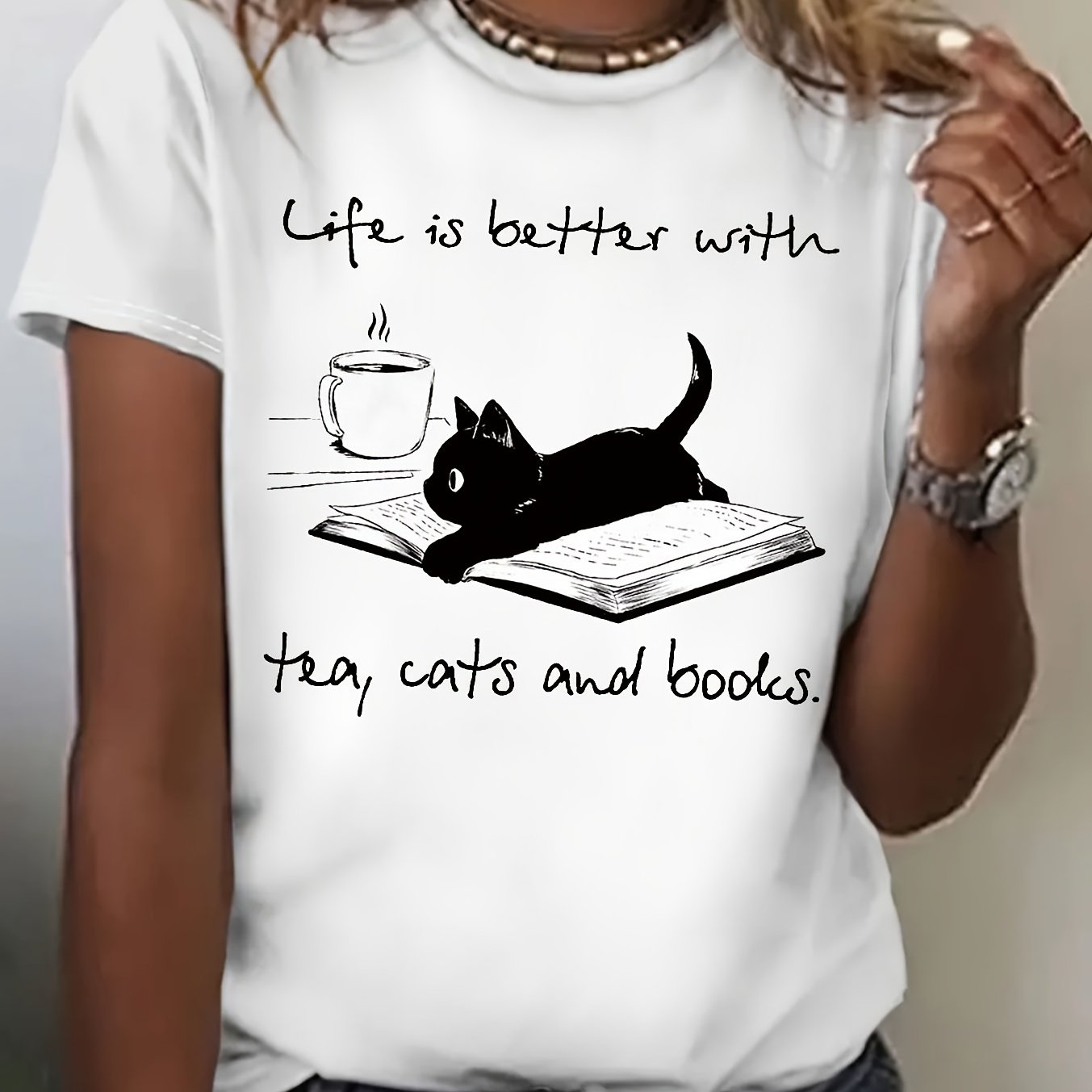 Image of Cat Graphic Print T-shirt, Short Sleeve Crew Neck Casual Top For Summer & Spring, Women's Clothing