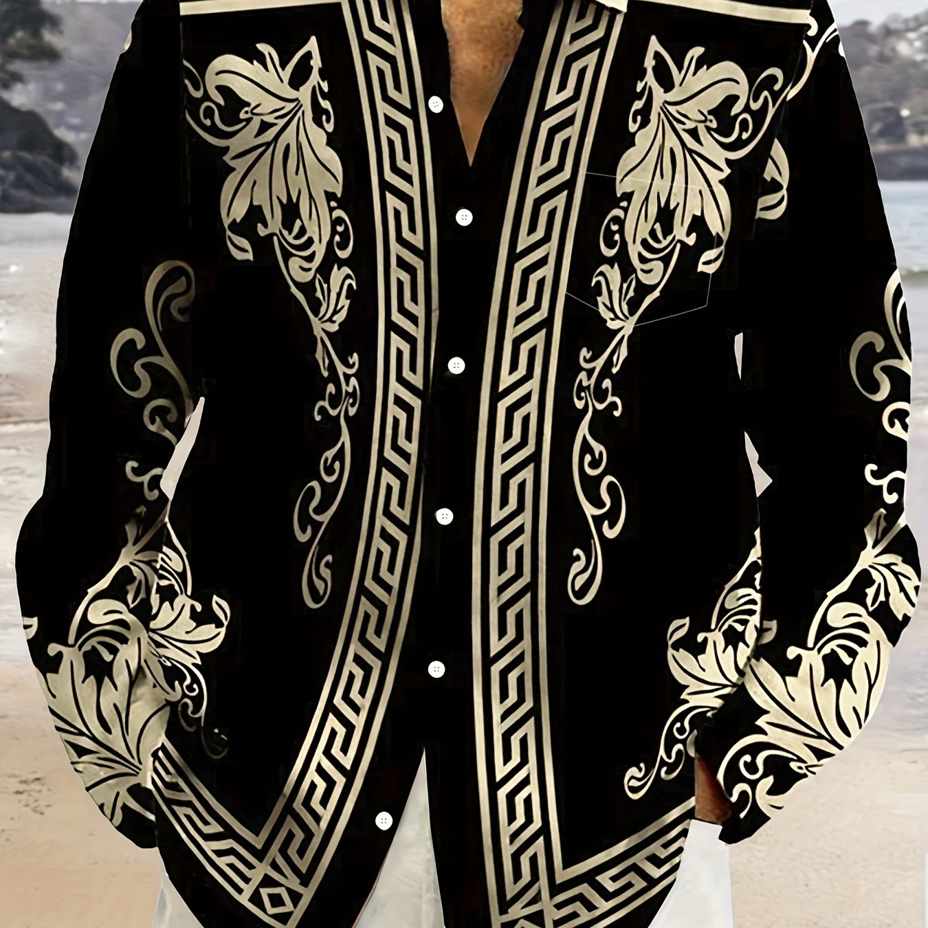 Image of Hawaiian Baroque Court Style Floral Print Men's Plus Size Button-pocket Long Sleeve Shirt