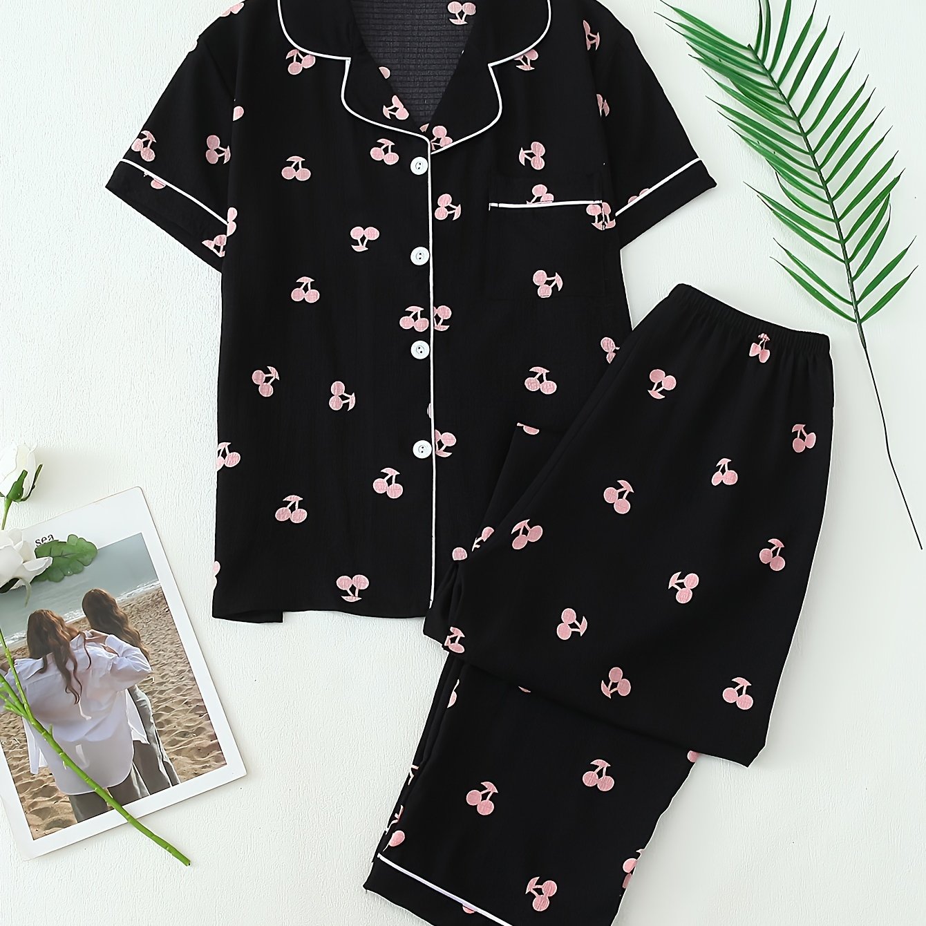 E-shop Damen Frühlings-/Herbst-Pyjama-Set mit Kontrastfarben, Kirschdruck, kurzärmligem Knopfleisten-Oberteil Hose, ideal für zu Hause