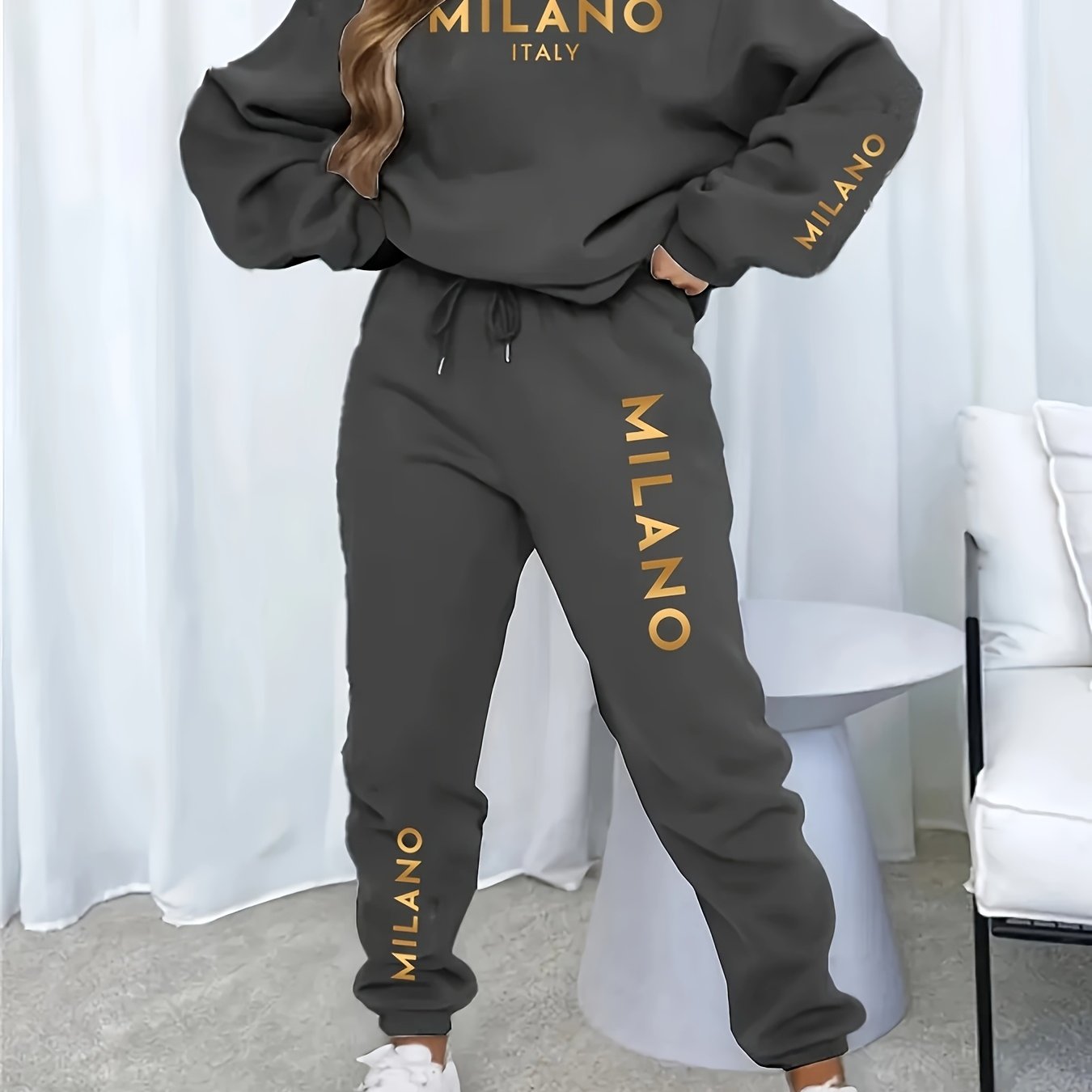 TEMU New Cross-border Fashion Casual Vacation Set For Women, New -lined Thickened Autumn/winter Sweatshirt And Sweatpants With Pockets, Women's Trade