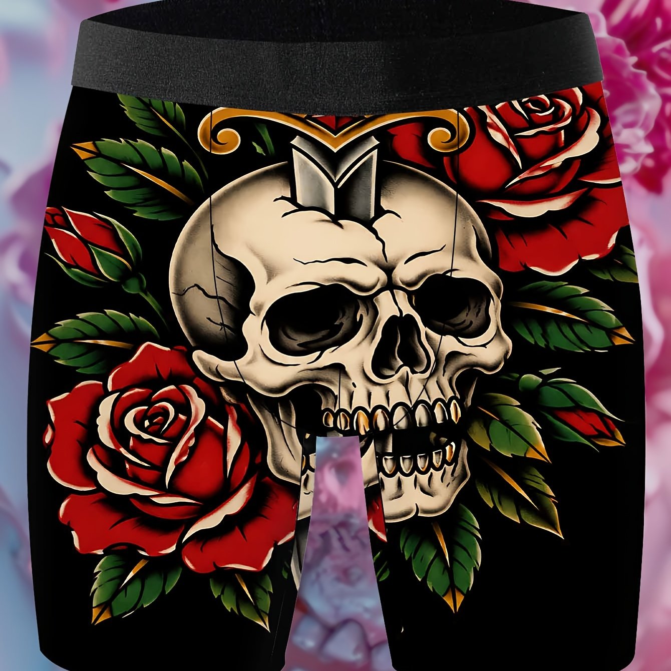 TEMU 1pc Men's Novelty Shorts, Dark Retro Skull Rose Print Underwear, Knitted Fabric, Soft And Skin-friendly, Men's Boxer Underwear