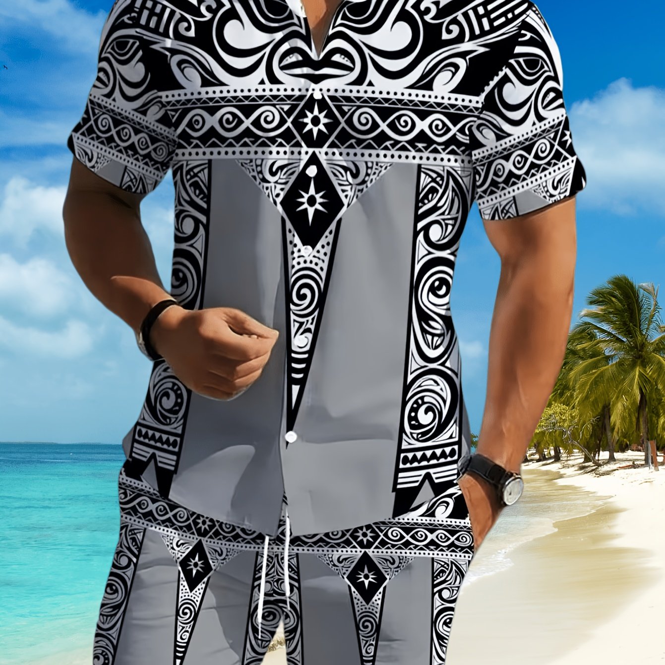 TEMU Men's Shirt And Shorts Set With Polynesian Design, Made Of Lightweight Polyester, Suitable For Outdoor Activities. This Casual Vacation Outfit