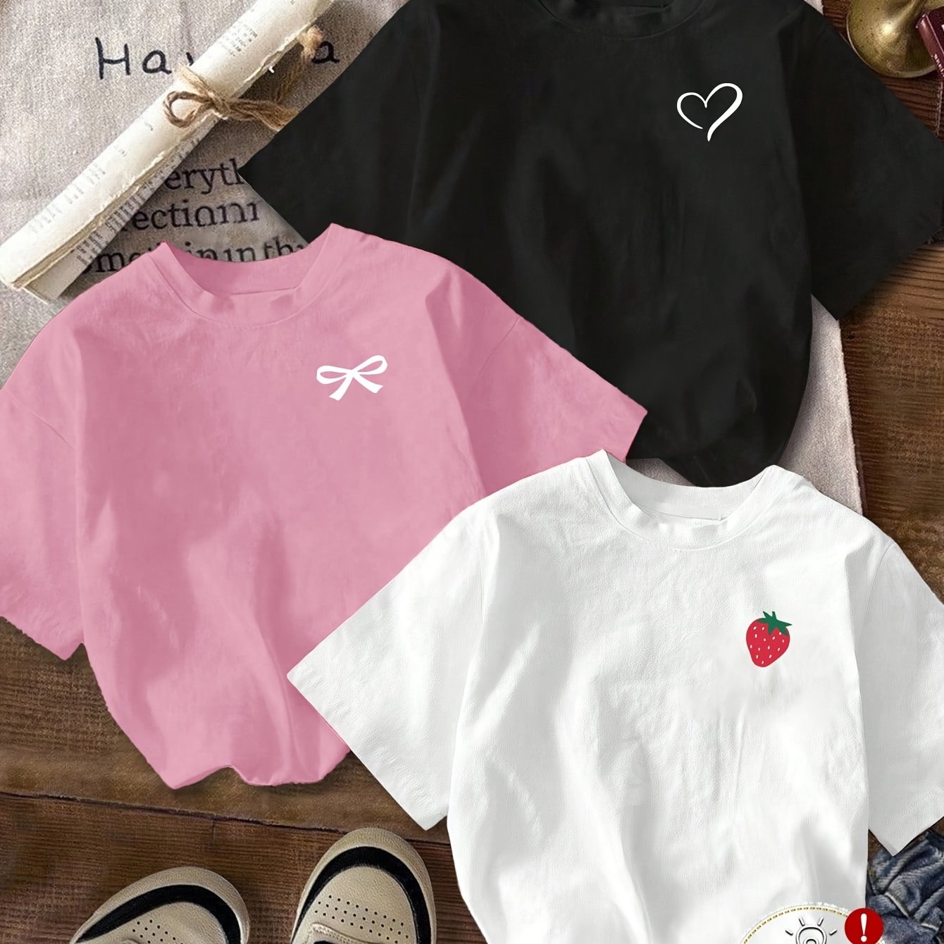 TEMU 3pcs Women's Short T-shirts - Fitted Layering With Heart Print, Round Neck Short Sleeve Blouses Suitable For Girlfriend Gift, Spring Summer Fall