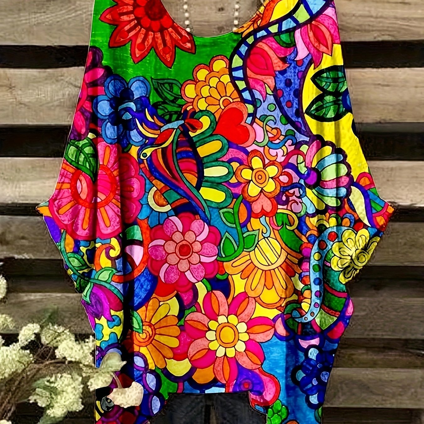 TEMU Plus Size, Plus Size Women's Bohemian Floral Print T-shirt- Vibrant Design, Loose Round Neck, Breathable Fabric For , Machine Washable, Vacation