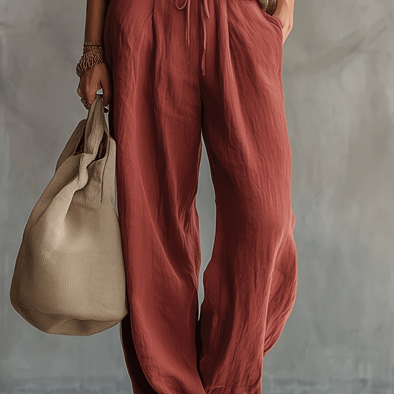 TEMU Women's Drawstring Wide-leg Pants, Summer Lightweight Flowy Loose Fit Casual Trousers, Lazy Style High-waist Straight-leg Floor-length Pants,