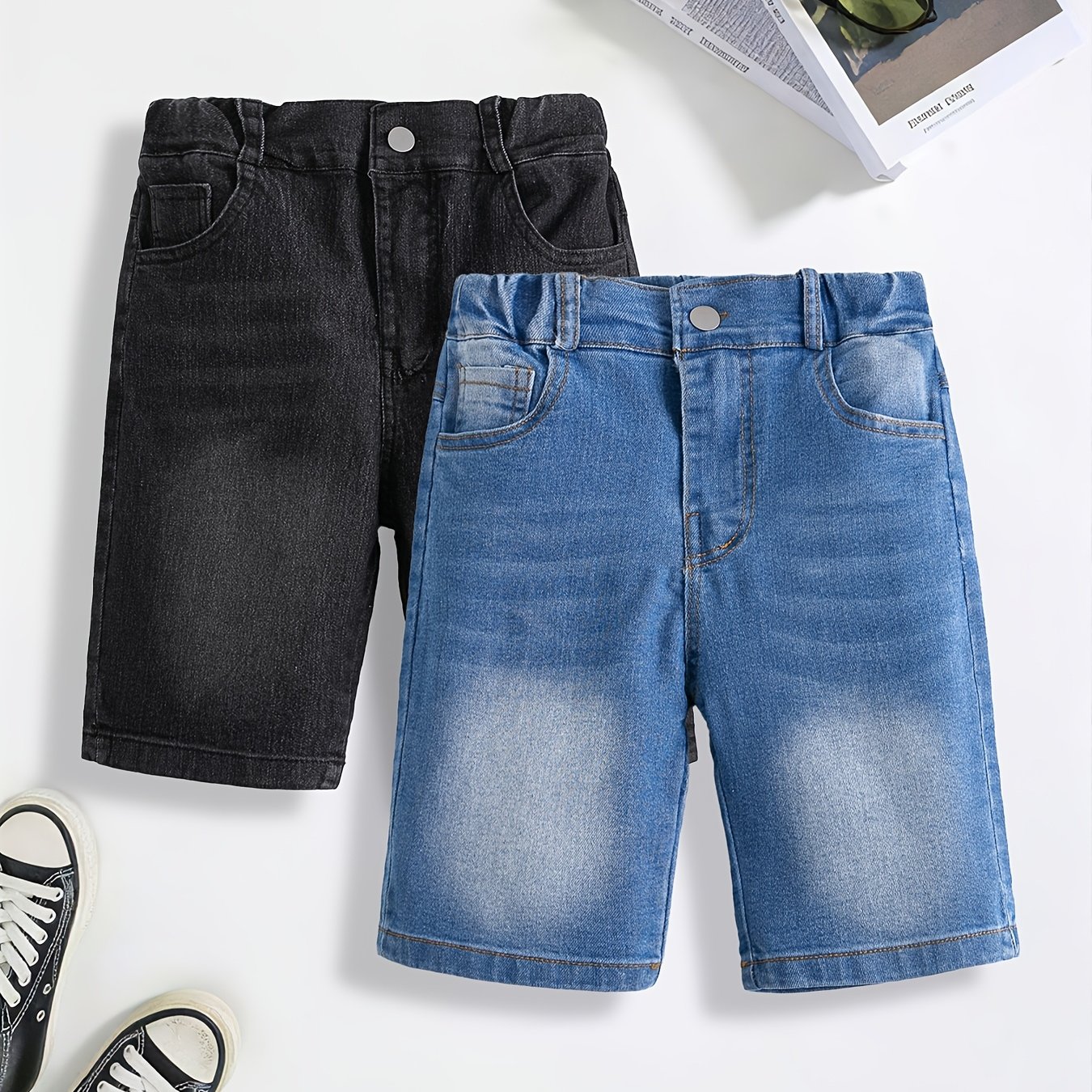 Of Boys' Mid-calf Denim Pants, High-stretch, Slim-fit, Button-zipper Fly, Washed Denim, Stonewashed, Casual