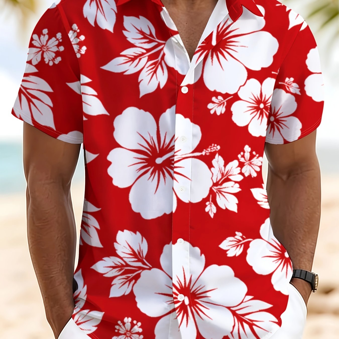 TEMU Chemise à manches courtes et boutonnage pour homme, motif géométrique, décontractée, col à , vêtement d'été