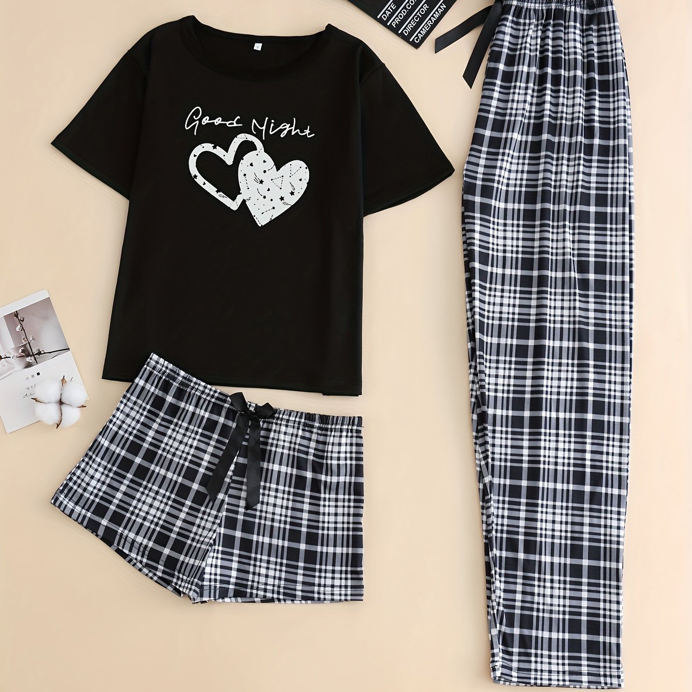 Image of 3pcs Women's Pajama Set Top, Shorts And Long Pants, Elastic Drawstring Waistband, Loose Casual With Bow Double-colored Checkered Shorts And Heart Print Top, Suitable For Matching