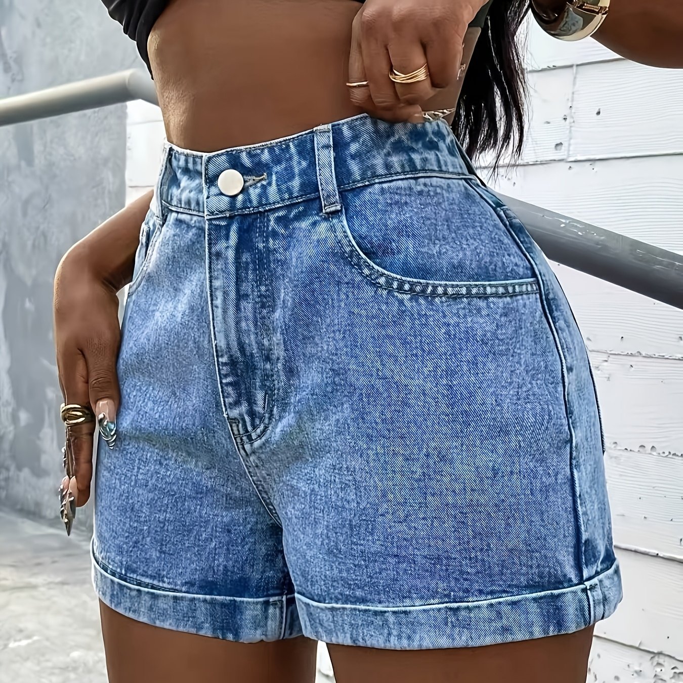 Image of Women's Denim Shorts, High Waist Loose Fit Twill Shorts, A-line Hot Pants, For Outdoor, , And Daily Wear, Multi-colors (light Blue, Dark Blue, Gray, Camo, Leopard) Women's Bottoms