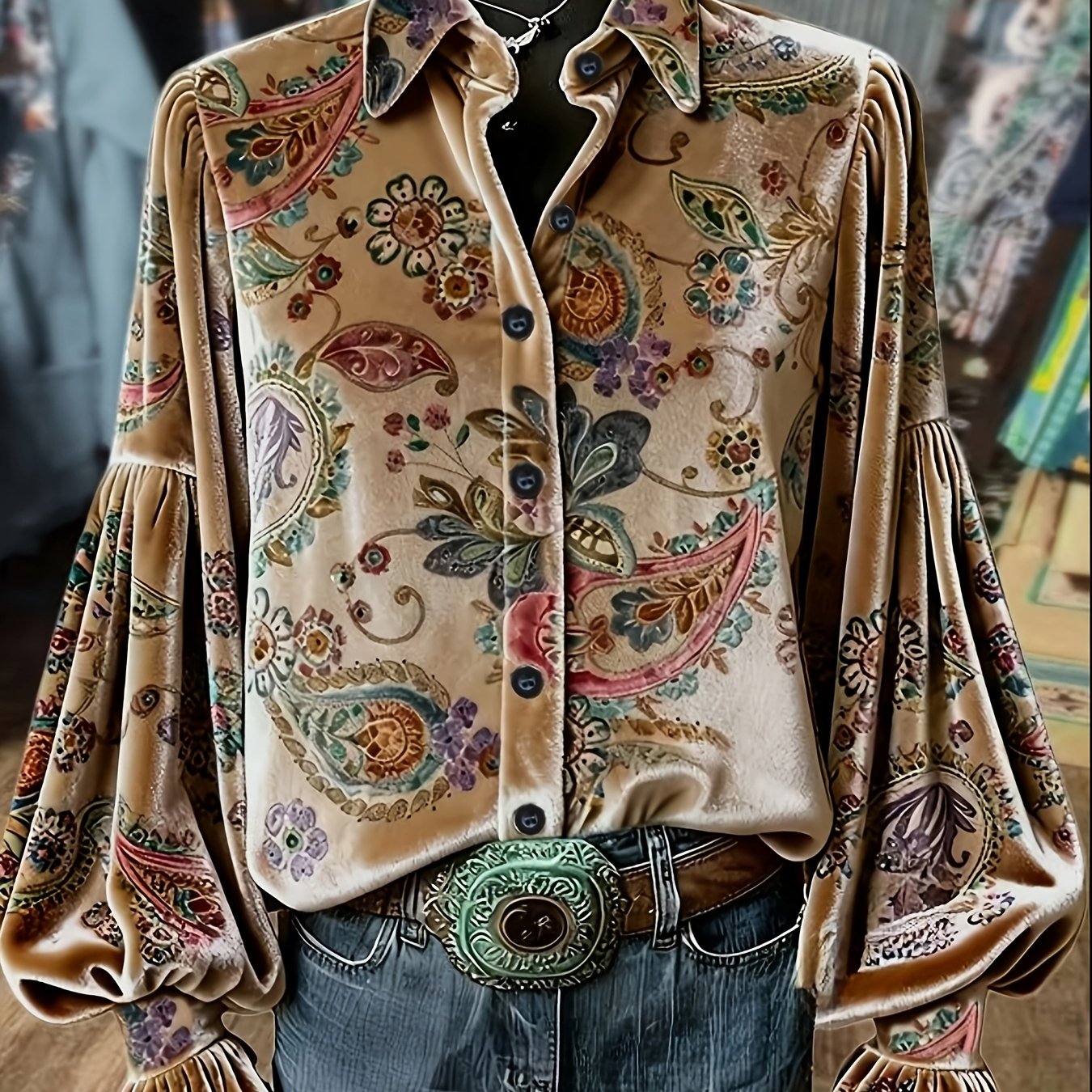 TEMU Chemise Vintage Paris en Velours à pour Femme, de Style Français avec Manches Bouffantes Évasées, Haut à Imprimé Ethnique