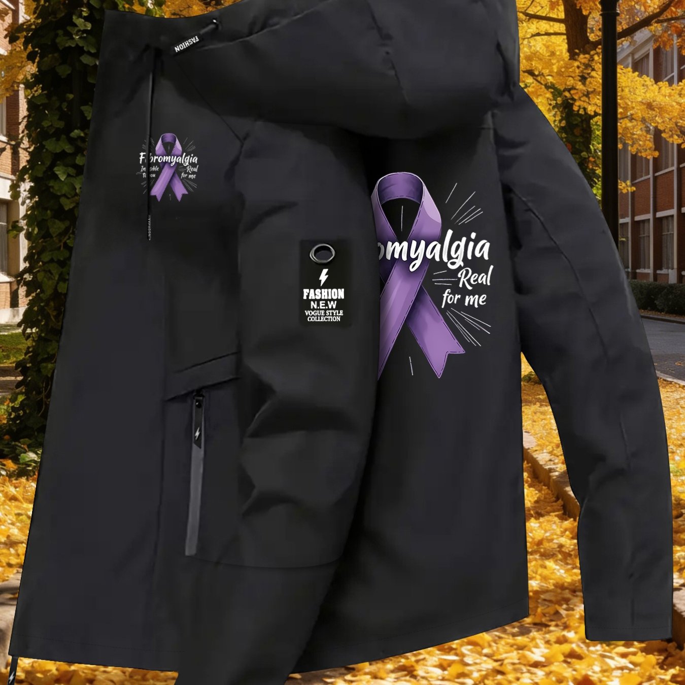 TEMU Women's Jacket With Purple , Featuring A Printed Long-sleeve Zip-up Hoodie With 'fibromyalgia' Care Message, Suitable For Outdoor Leisure In