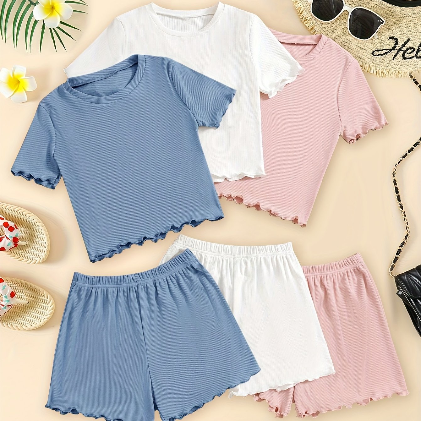 E-shop 6 Stück Mädchen T-Shirts Uni-Farben Strickoberteile Casual + Uni-Farben Modische Shorts Kleidung für junge Mädchen, für Outdoor