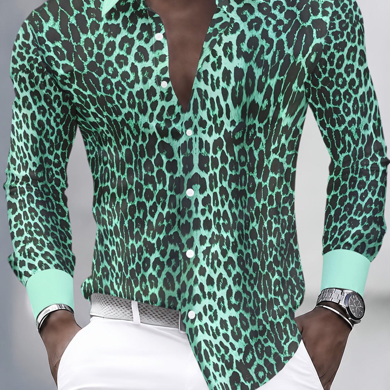 TEMU Men's Casual Long-sleeve Shirt With Leopard Print Pattern, Trendy Designer Top, Stylish, Casual, And Versatile, Comfortable And Breathable,