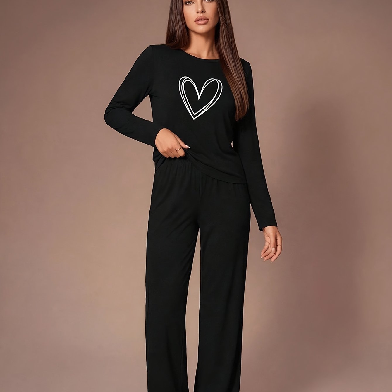 TEMU 2026 New Autumn Winter Warm Couple And Best Friend Pajama Set, Heart Print Round Neck Long Sleeve T-shirt, Soft Comfortable Casual Long Pants,