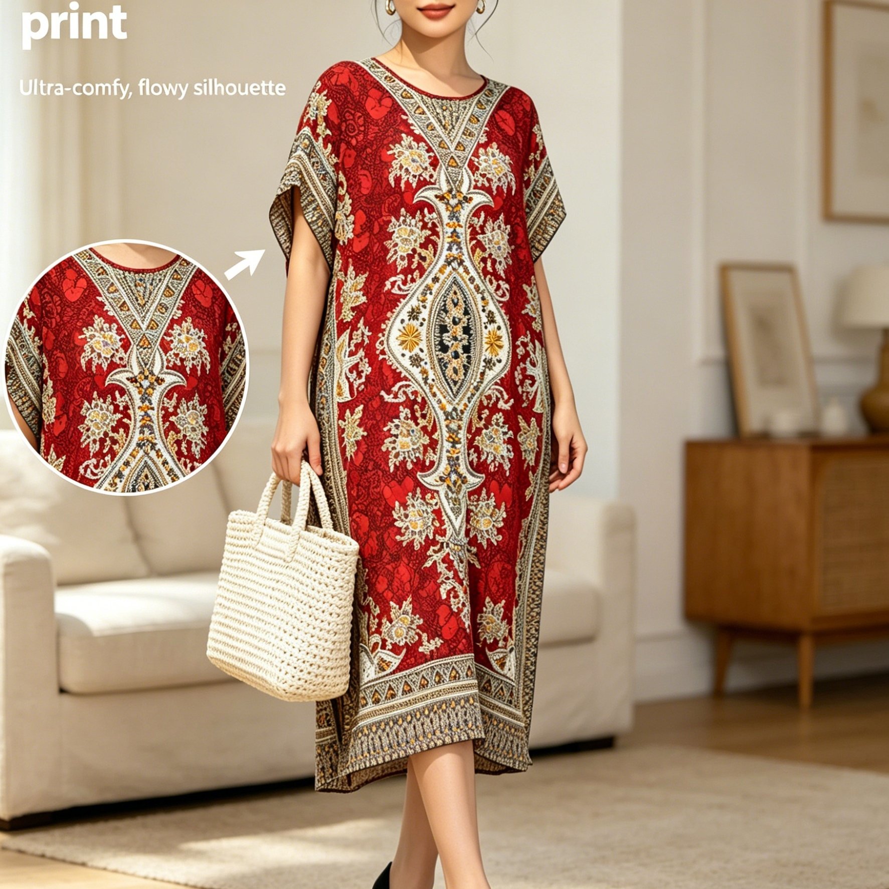 TEMU Women's Red Paisley Print Ethnic Style Printed Dress, Loose Midi Skirt, Retro Paisley Pattern, Round Neck Short Sleeve Design, Drapey Fabric