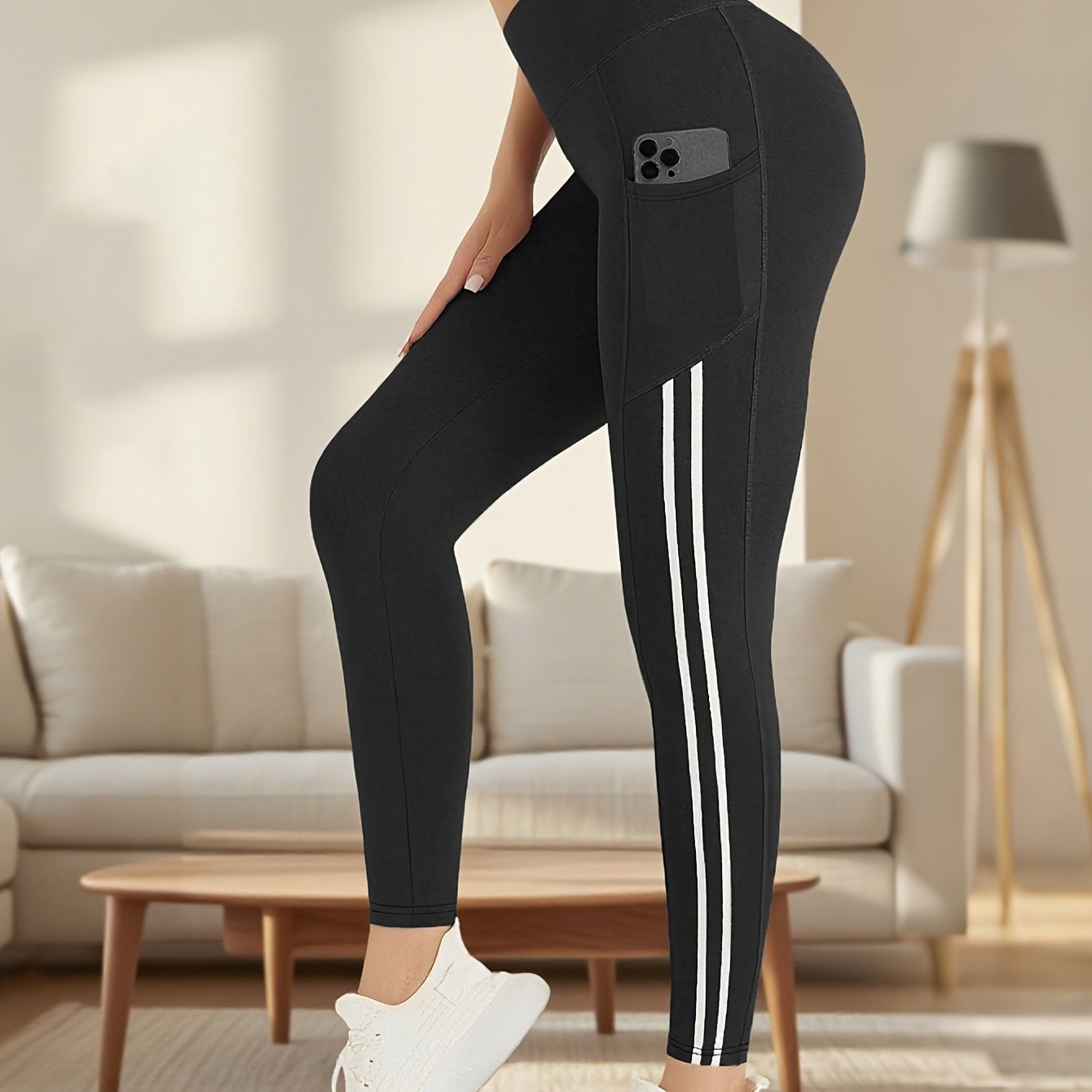 E-shop Damen-Trainingsleggings - Hochtaillierte Yoga-Hosen mit Seitenstreifen & Tasche für Fitnessstudio, Outdoor, Reisen