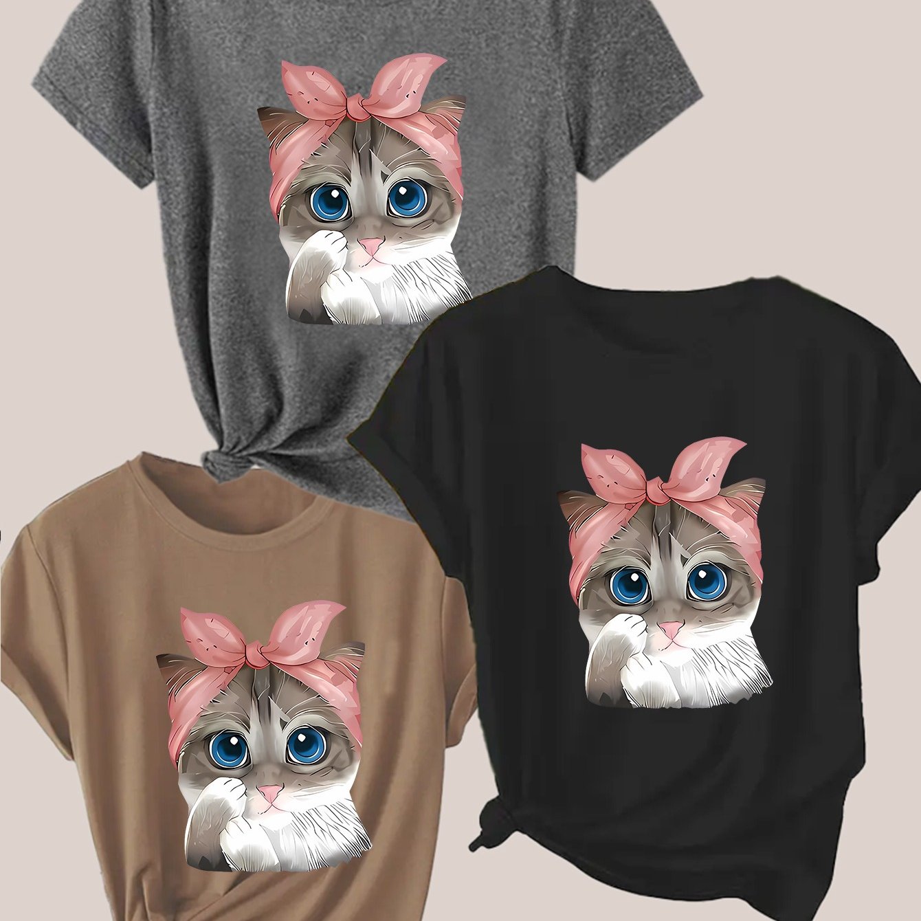 TEMU Adorable Cat Print With A Pink Bow On , Heat Transfer Multi-pack Of 3 Colorful Short-sleeve T-shirts For Women, Stretchy Tops