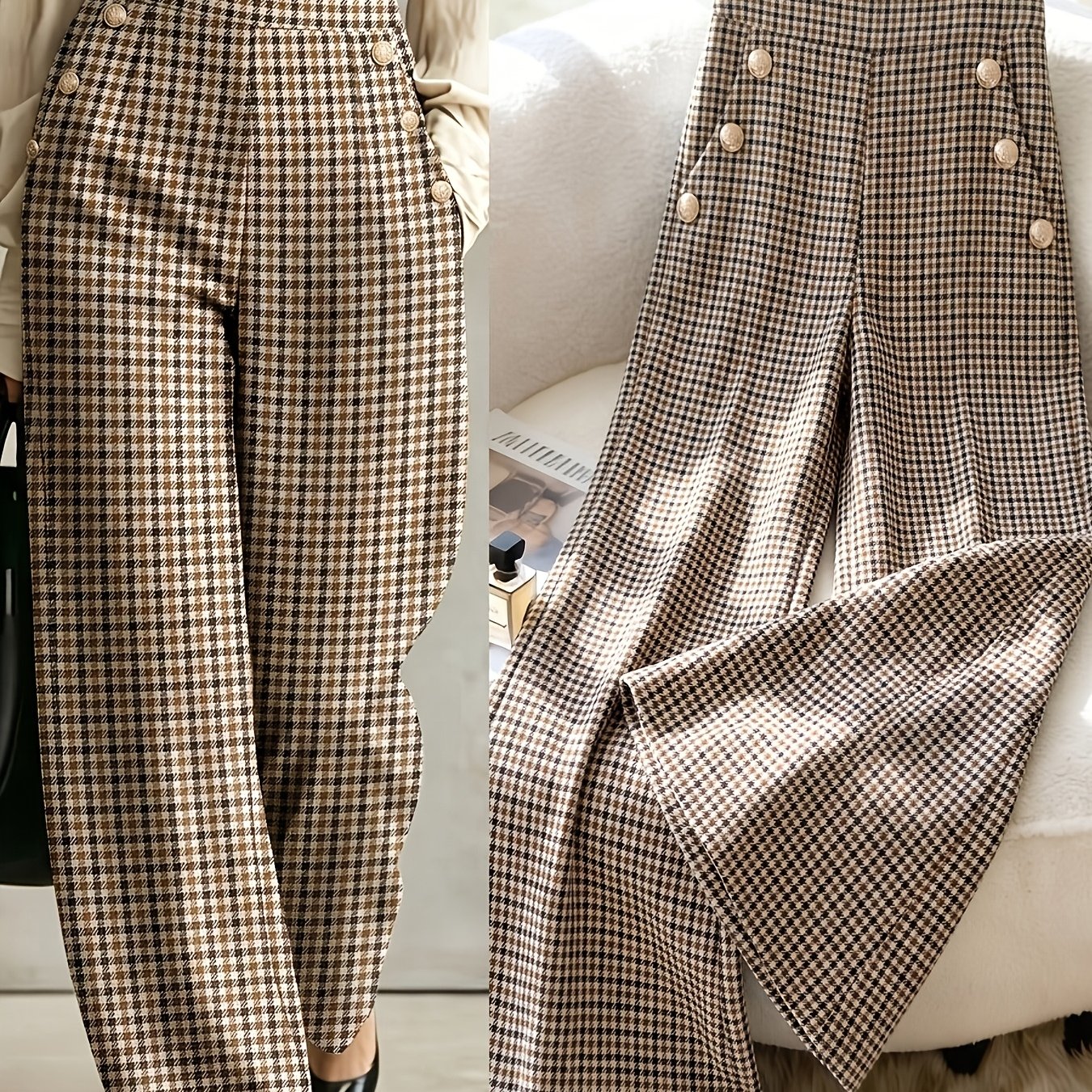 TEMU Pantalon de costume à taille haute à carreaux et jambes larges pour femme avec boutons sur le , taille élastique dans le dos, coupe lisse et ,