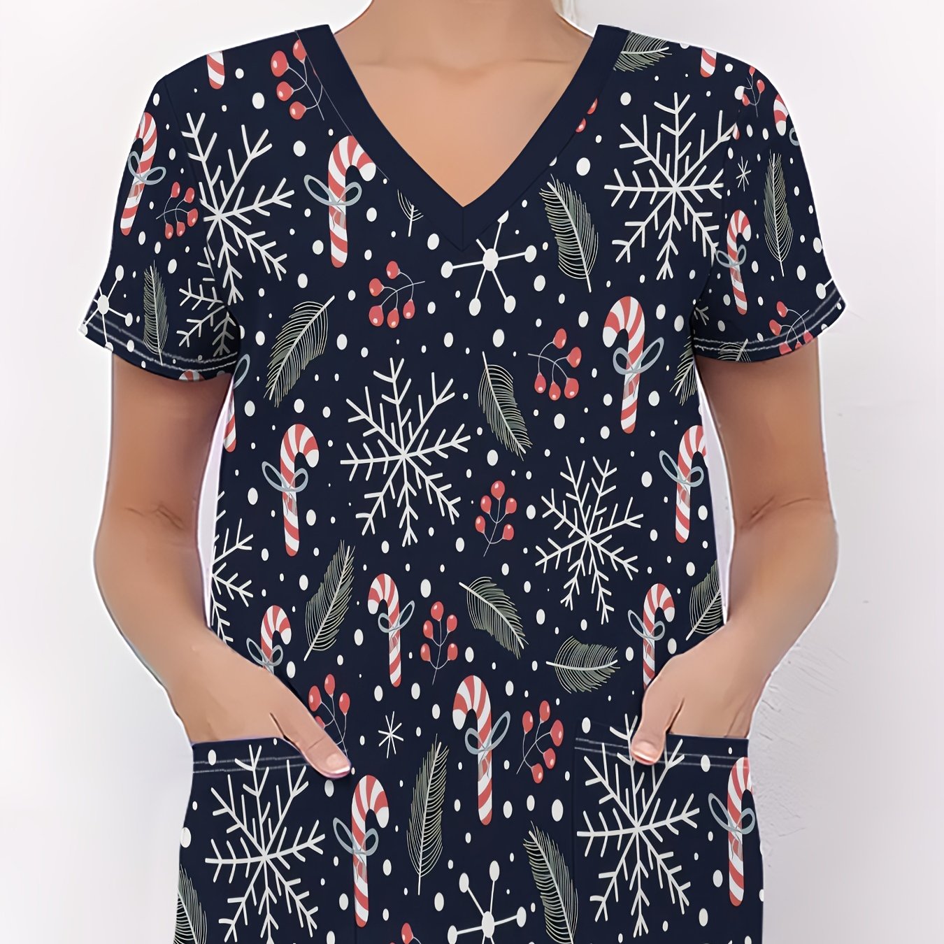 TEMU Christmas Women's Nurse Uniform - Dark With Seamless Christmas-themed Pattern Featuring Snowflakes, Candy Canes, Berries, And Pine Branches.