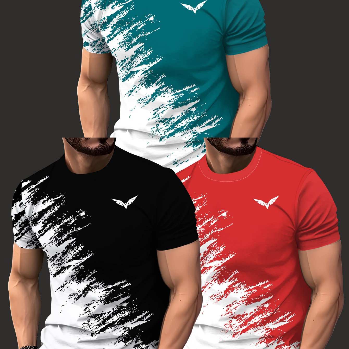E-shop 3er-Set Herren Casual Grafik-T-Shirts - Sommerkollektion mit Farbblock-Design und Abstraktem Druck, Atmungsaktives Polyester-Knitted-Stoff,