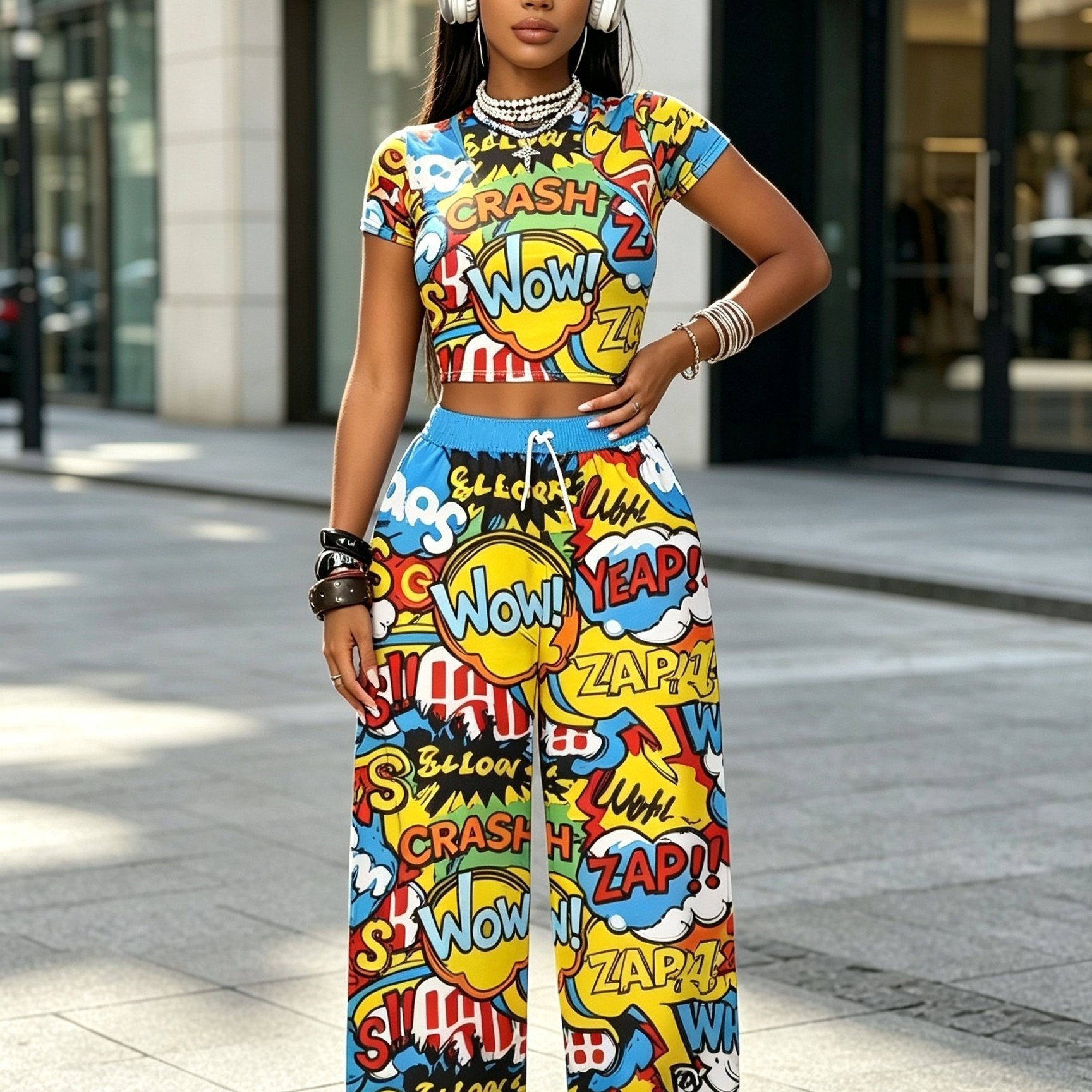 TEMU Women' Size American-style Comic Print Short-sleeve Top And Wide-leg Pants 2pcs Set, Vintage Style Loose Fit Look With Large Side Pockets Casual