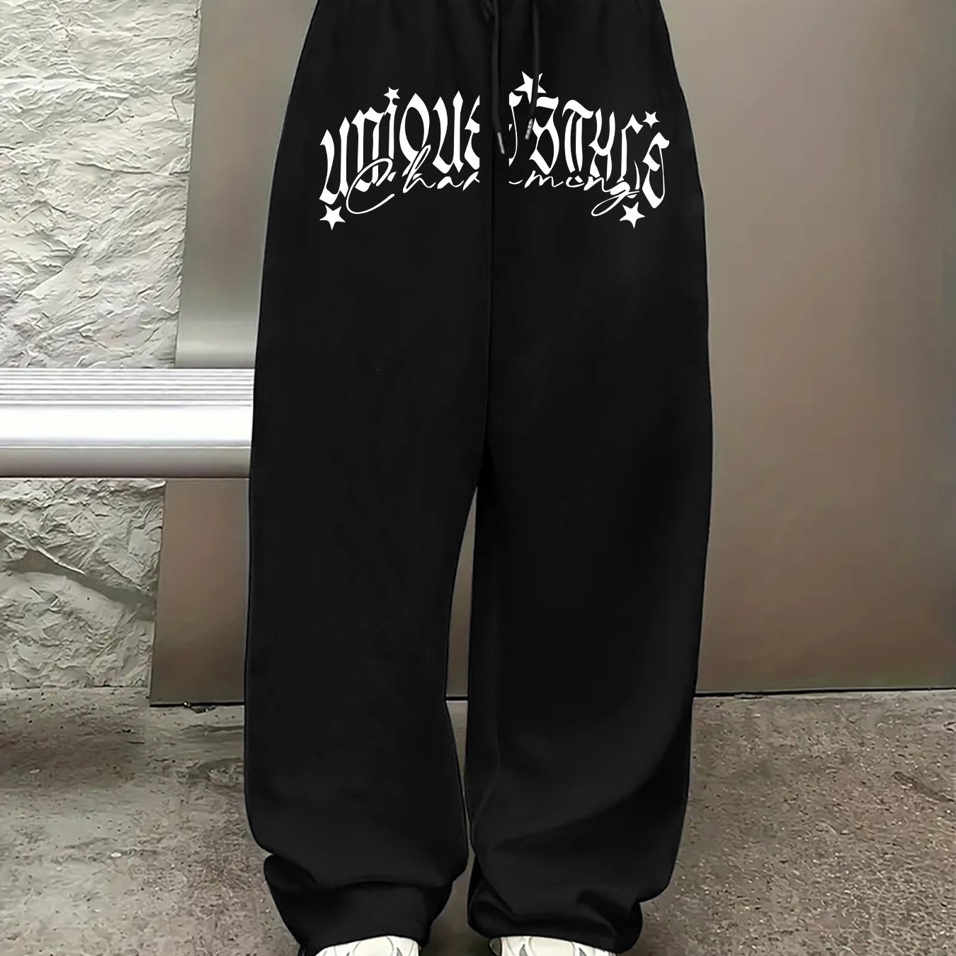 TEMU Women's Printed Casual Pants, Drawstring Elastic Waist Straight-leg Trousers, Stylish Versatile Hip-hop Street Wide-leg Pants