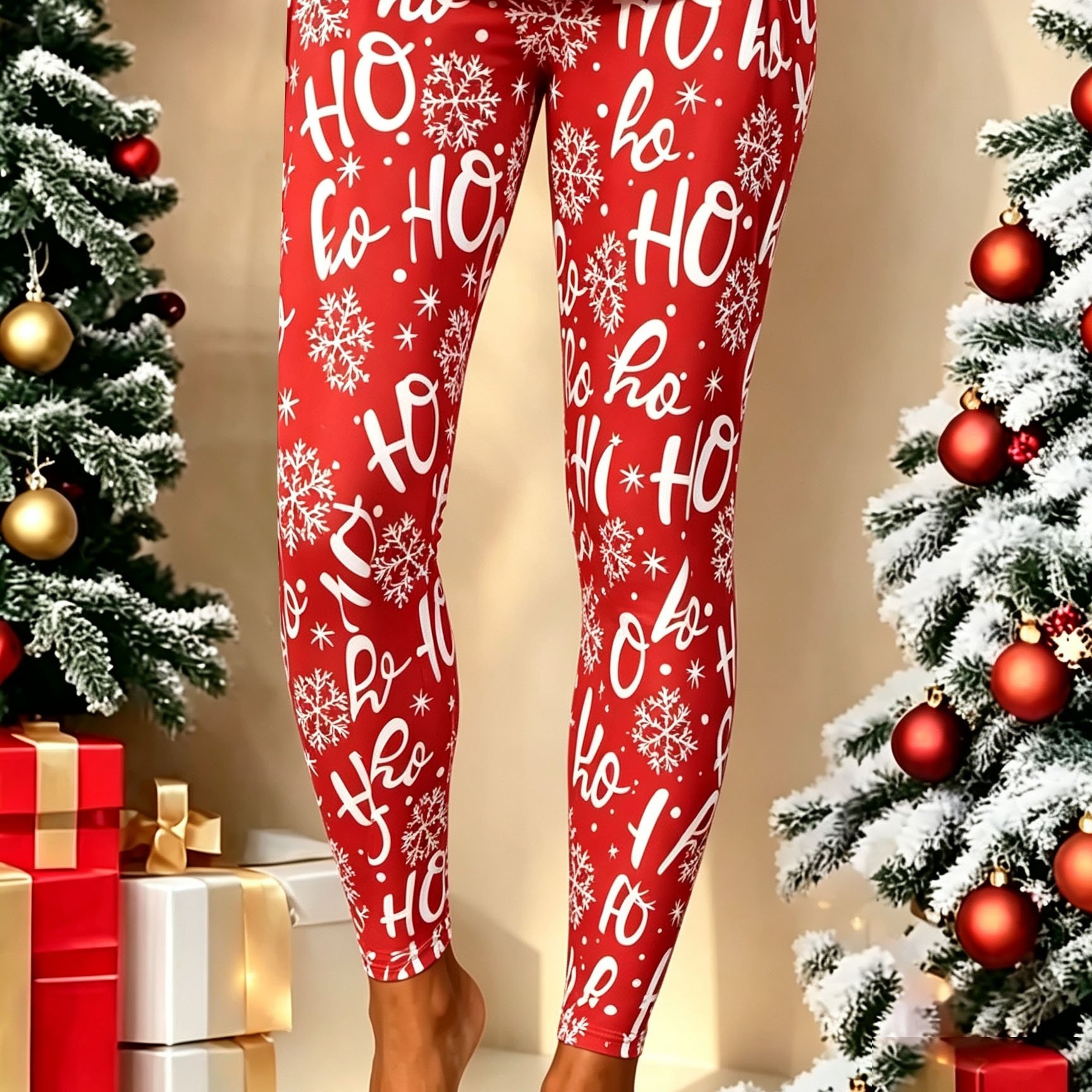 TEMU Women's Christmas Snowflake Letter Print Red Base Layer Tights, Casual Festive Holiday Atmosphere Outing Celebration Comfortable Soft Slim-fit