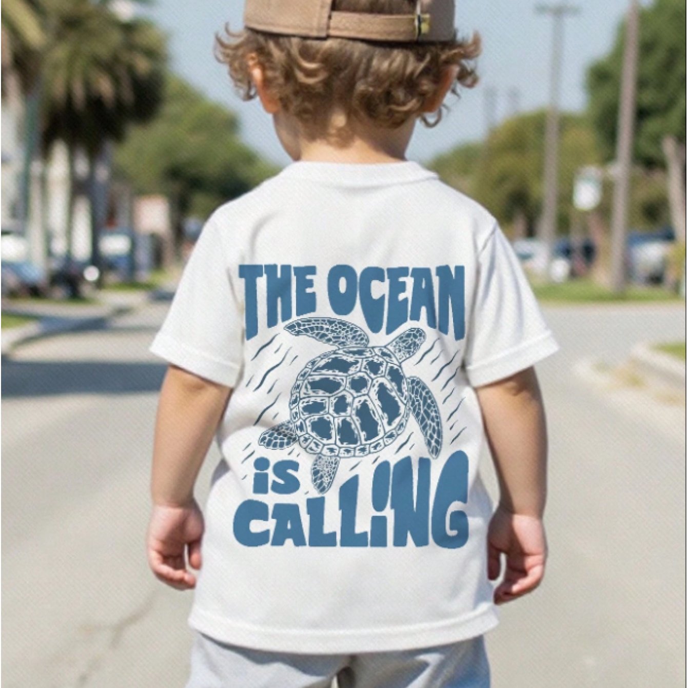1pc, " Is Calling" Letter Turtle Print, Boys' Summer Neck Short Sleeve T-shirt