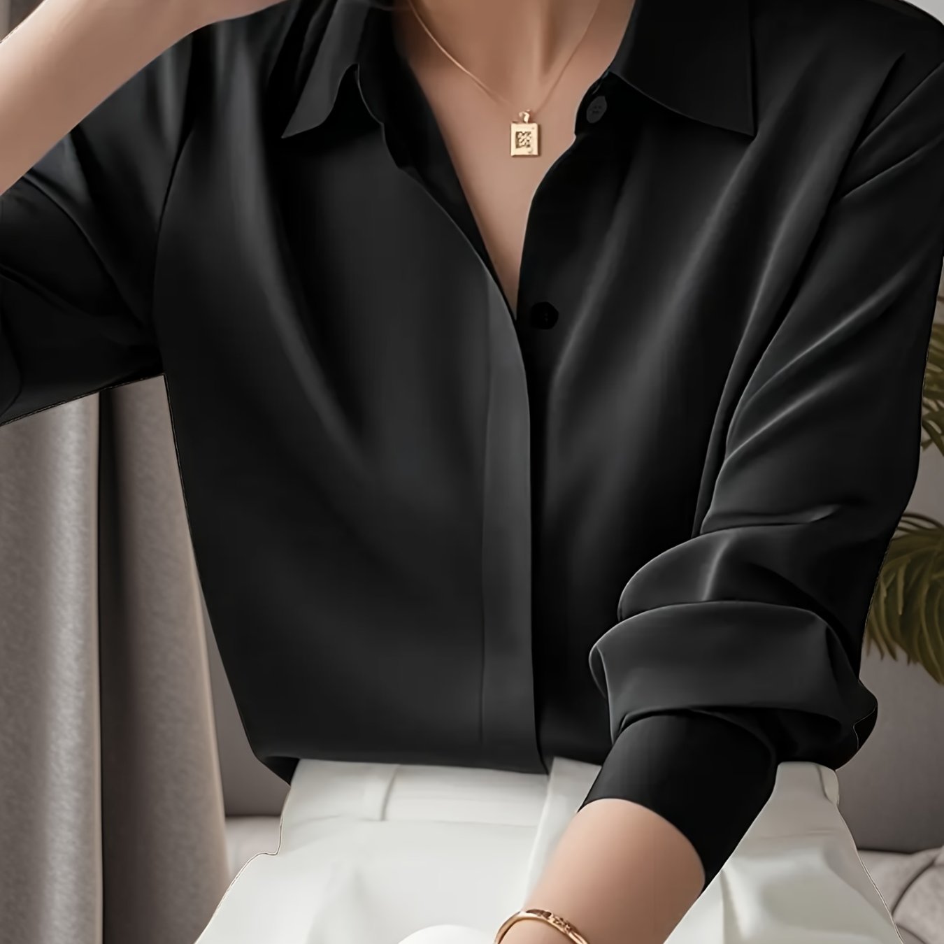 TEMU New Women' Color Long-sleeve Shirt, Elegant Button-up Blouse For Business , Suitable For Spring And Autumn, Ideal For Formal Office Settings