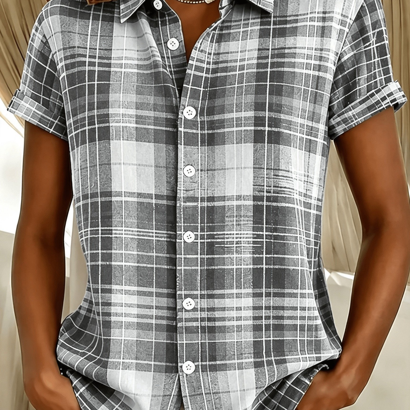 TEMU Printed Design – Not Textured: Women's Elegant Lapel Short-sleeve Cardigan Shirt With , White, And Gray Checkered Pattern. A Versatile Outerwear