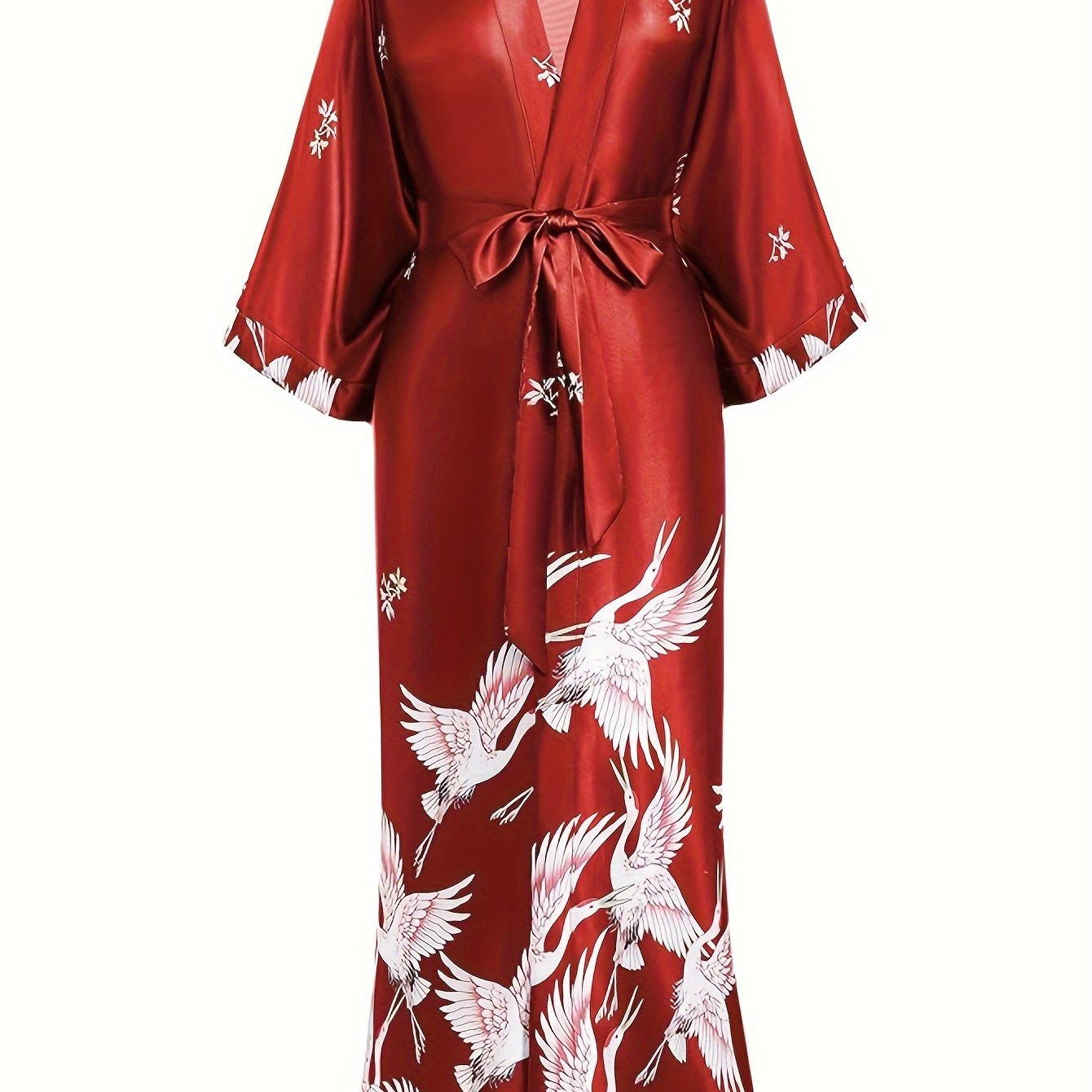 TEMU Long Kimono Robe Satin Sleepwear Blouse Bathrobe Nightgown Floral Crane Kimono Cardigan Robe