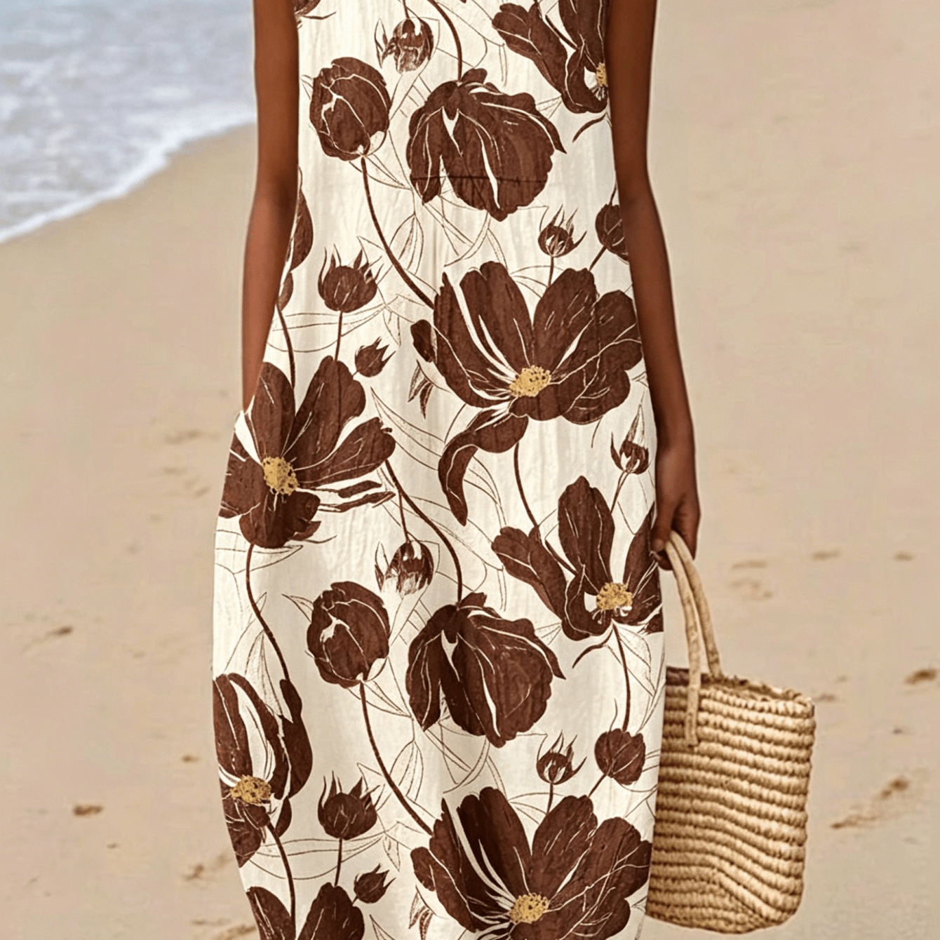 Image of Plus Size, Plus Size Women' Sleeveless Midi Dress - Floral Print -line Dress With Side Pockets | Loose Fit Round Neck Tank Dress Suitable For Beach Vacations, Casual Outfits & Summer Wardrobe