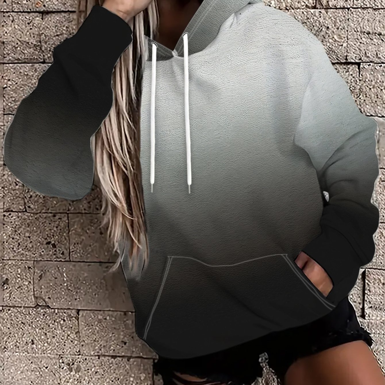 TEMU Sweat à capuche décontracté pour femme - Style streetwear avec fond dégradé - Tissu extensible, facile à , design contrasté, coupe décontractée,