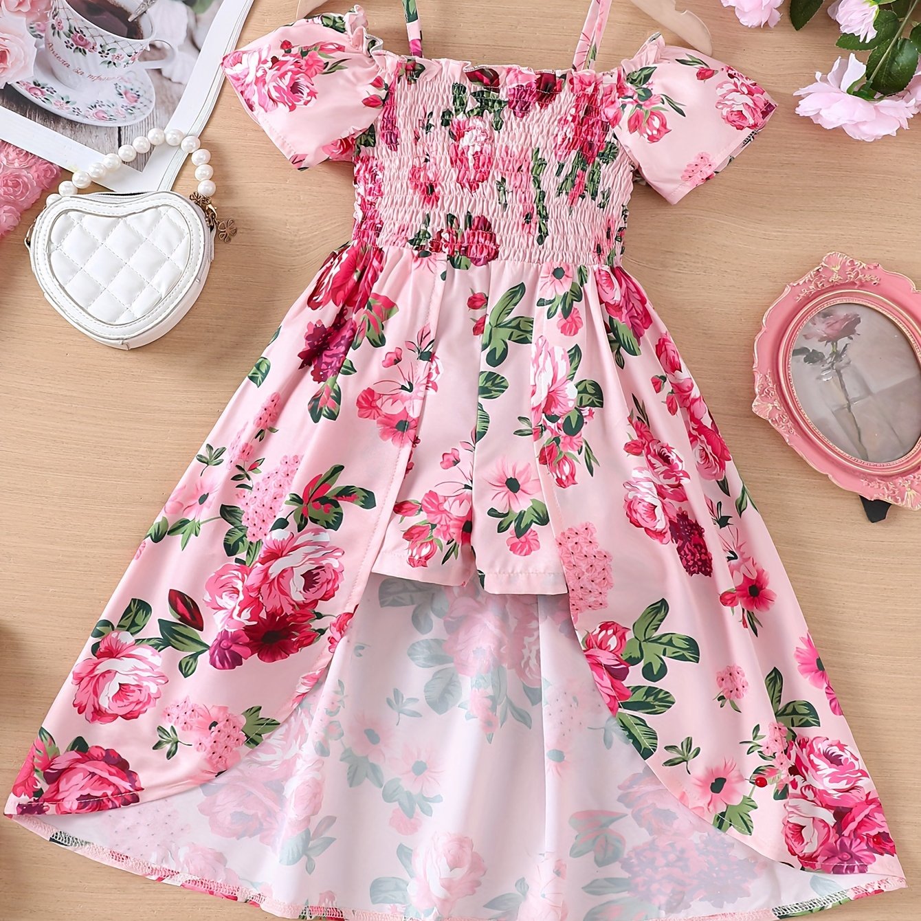Image of The Length Measurement Does Not The Hem. Girls' New -style Romper With A Large Flared Skirt, Print, And Spaghetti Straps, Perfect For Outdoor