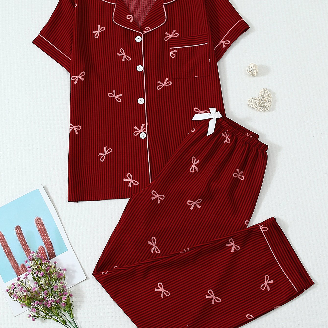 TEMU 2pcs Comfortable Heart Print Short-sleeve Top And Bow Tie Long Pants Women's Pajama Set Loungewear