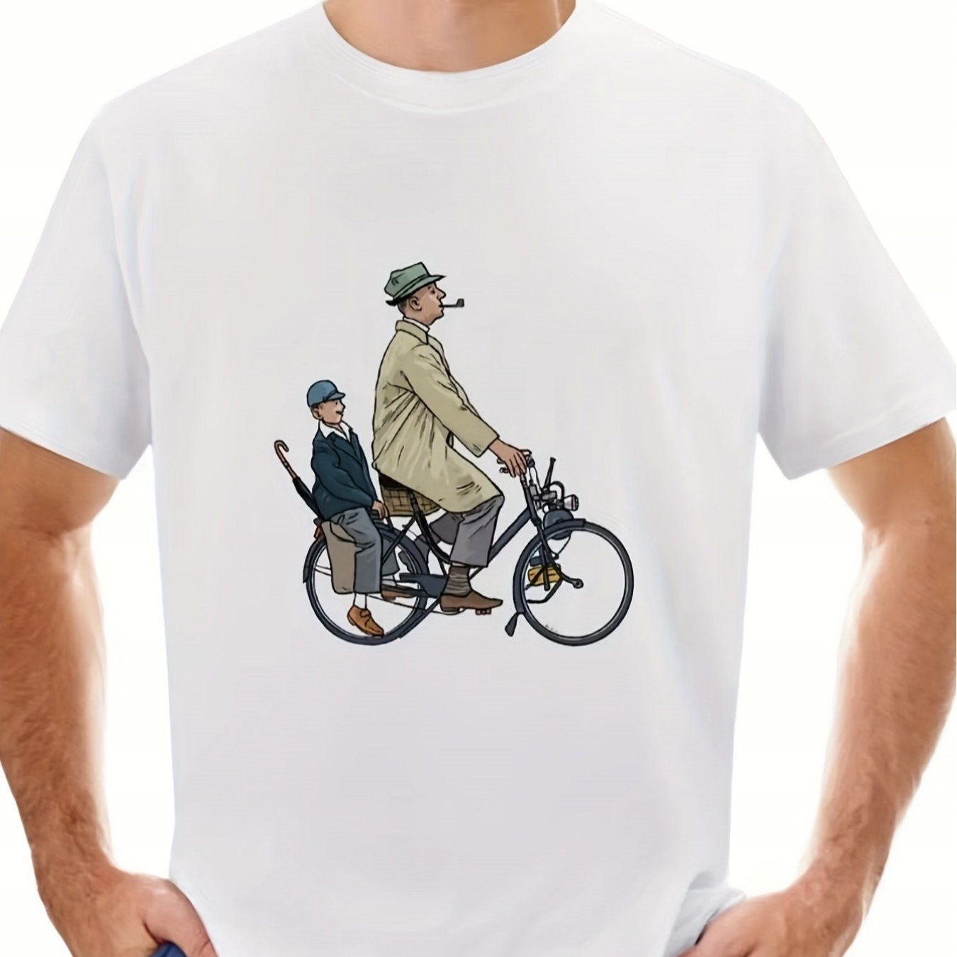 TEMU Men's Retro T-shirt | Jacques Tati And Mr. Movie Design, White Crew Neck, Geometric Pattern, Stretch, Regular Fit, , Ideal For Everyday Wear