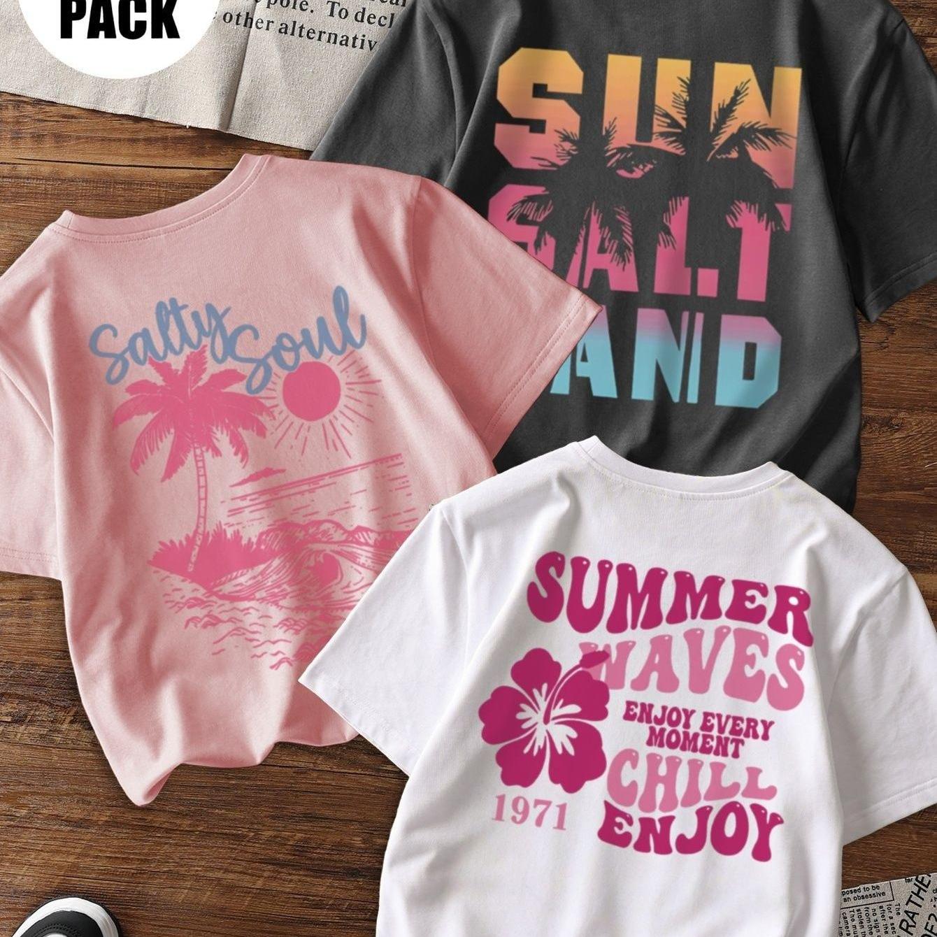 E-shop 3 Stück Mädchen Kurzarm-T-Shirts – Sommerstil Kurzarm-Shirts mit Vintage-Urlaubsdruck, doppelseitige Designelemente, lässiger lockerer Schnitt,