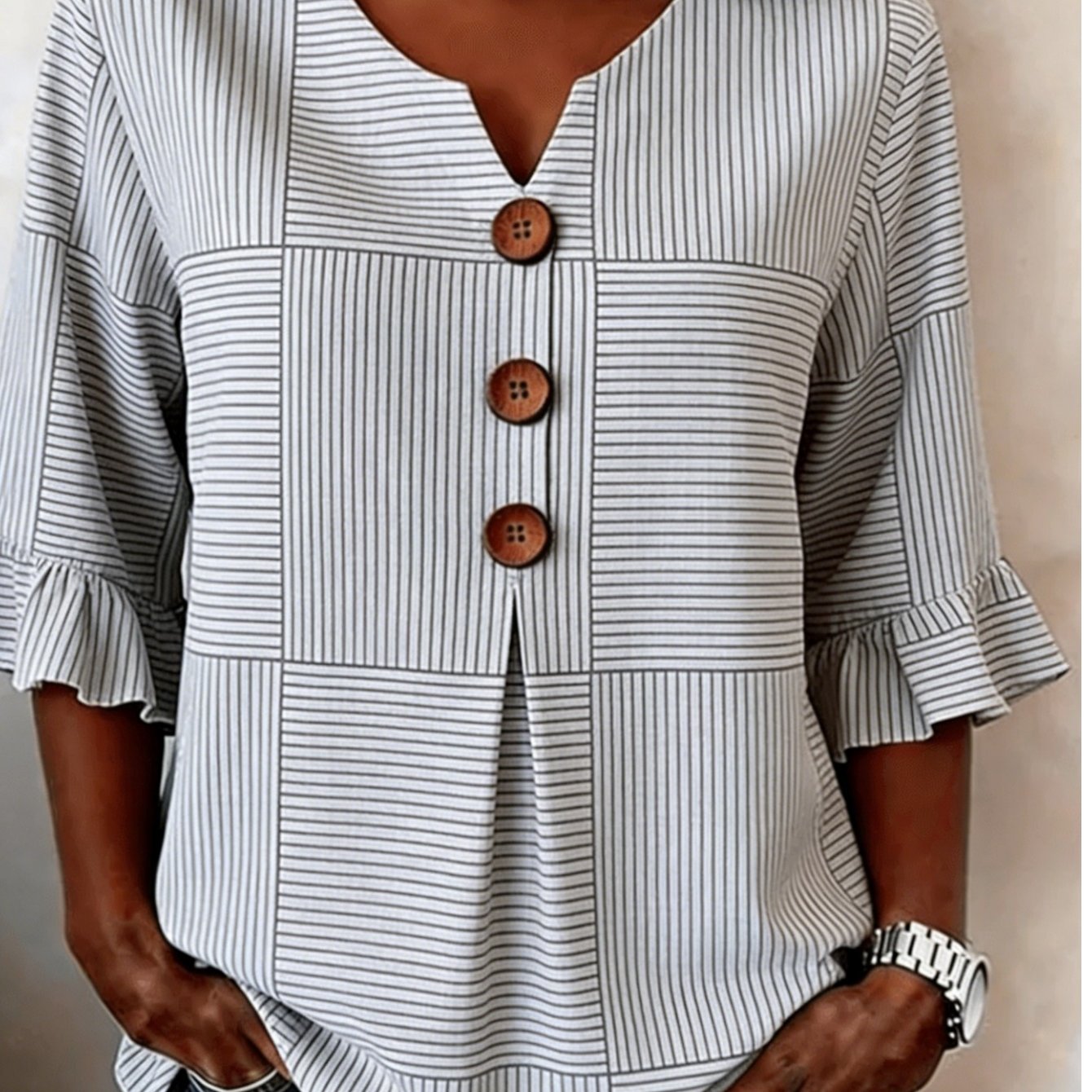 TEMU This Bohemian-style Geometric Striped Print Women'-button V-neck Top Features A 3/4 Sleeve Length Design With Ruffle Details, Making It Suitable