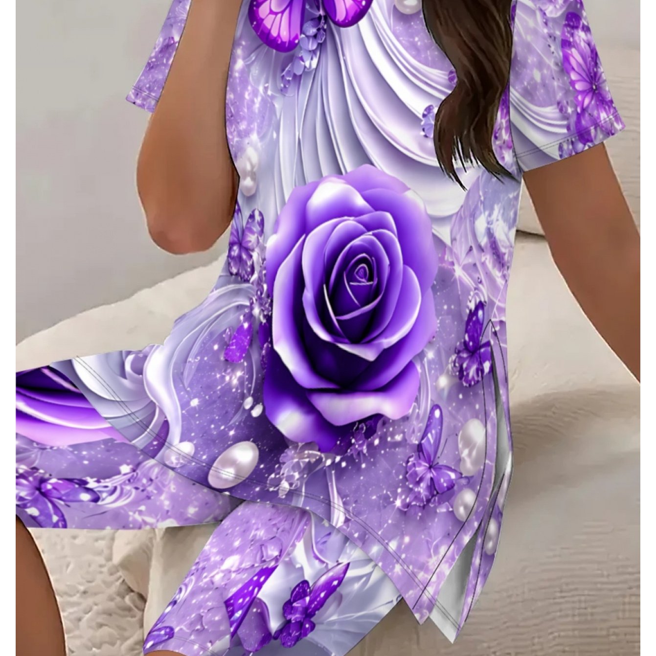 TEMU Plus Size Women Matching Set, Long Split Top With Purple Gradient Big Glitter Print& Matching Shorts, Loose Beach Cover Up Outfit For