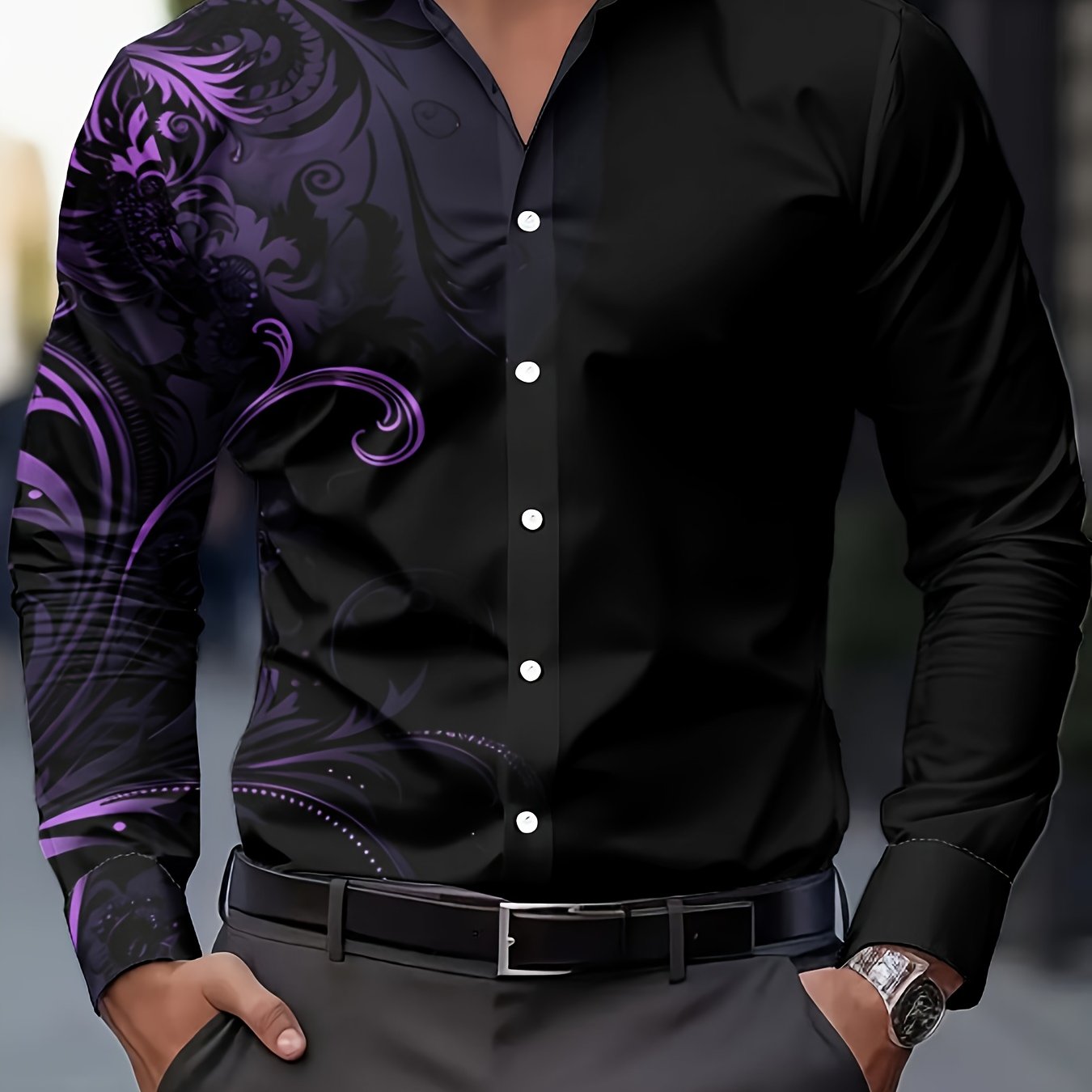 TEMU Men's Retro Floral Gradient Print Long Sleeve Shirt - Ethnic Style Regular Fit Button-up, Machine Washable Casual & Formal Wear For Weddings,