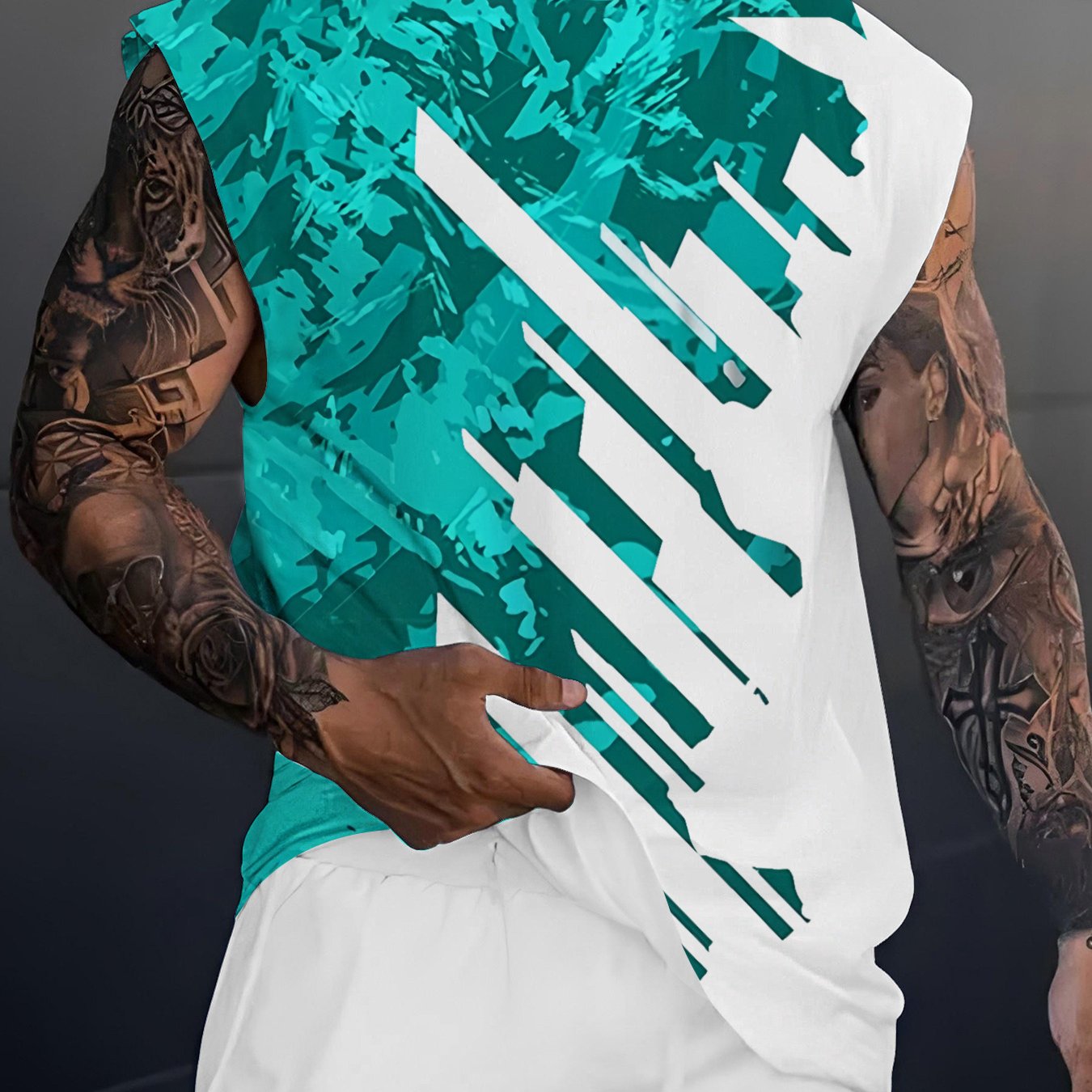 TEMU Débardeur d'été manches pour homme, motif imprimé patchwork à de couleur, texture, convient pour une tenue décontractée quotidienne, GRANDE