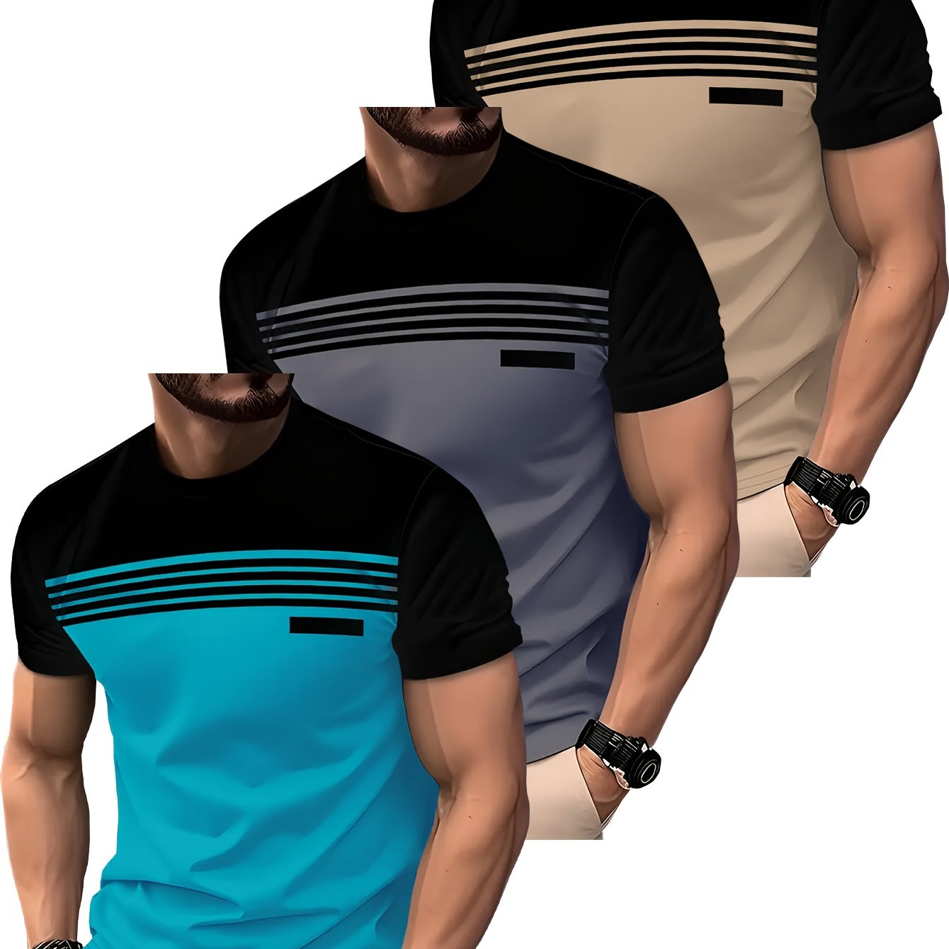 E-shop 3er-Pack gestreifte Kurzarm-T-Shirts für Herren - unifarben & Streifendesign in Grau, Türkis | atmungsaktive Freizeit-Sommer-T-Shirts mit