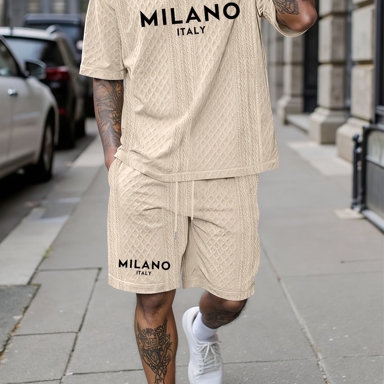 TEMU Conjunto de Camiseta de Cuello en Tela Texturizada + Shorts con Cordón para Hombre