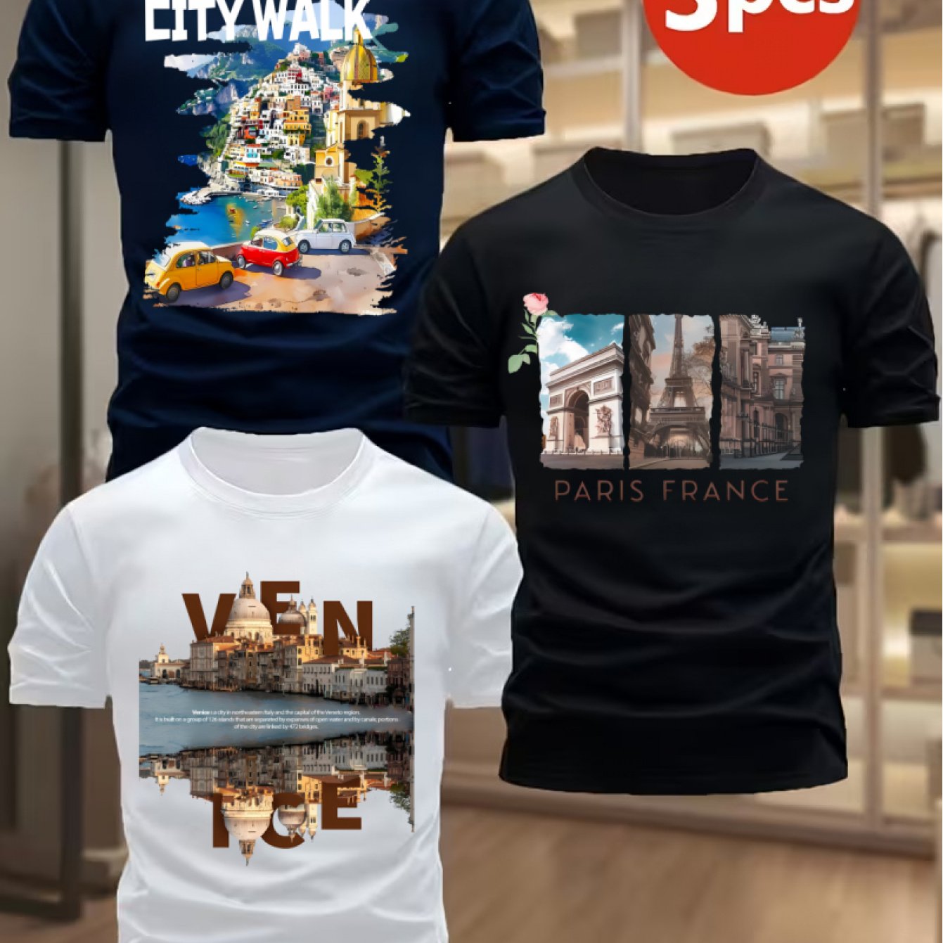 TEMU Summer New European Cityscape Short-sleeve T-shirt 3pcs/set Men And Women Unisex Machine Washable Retro Style Casual Top