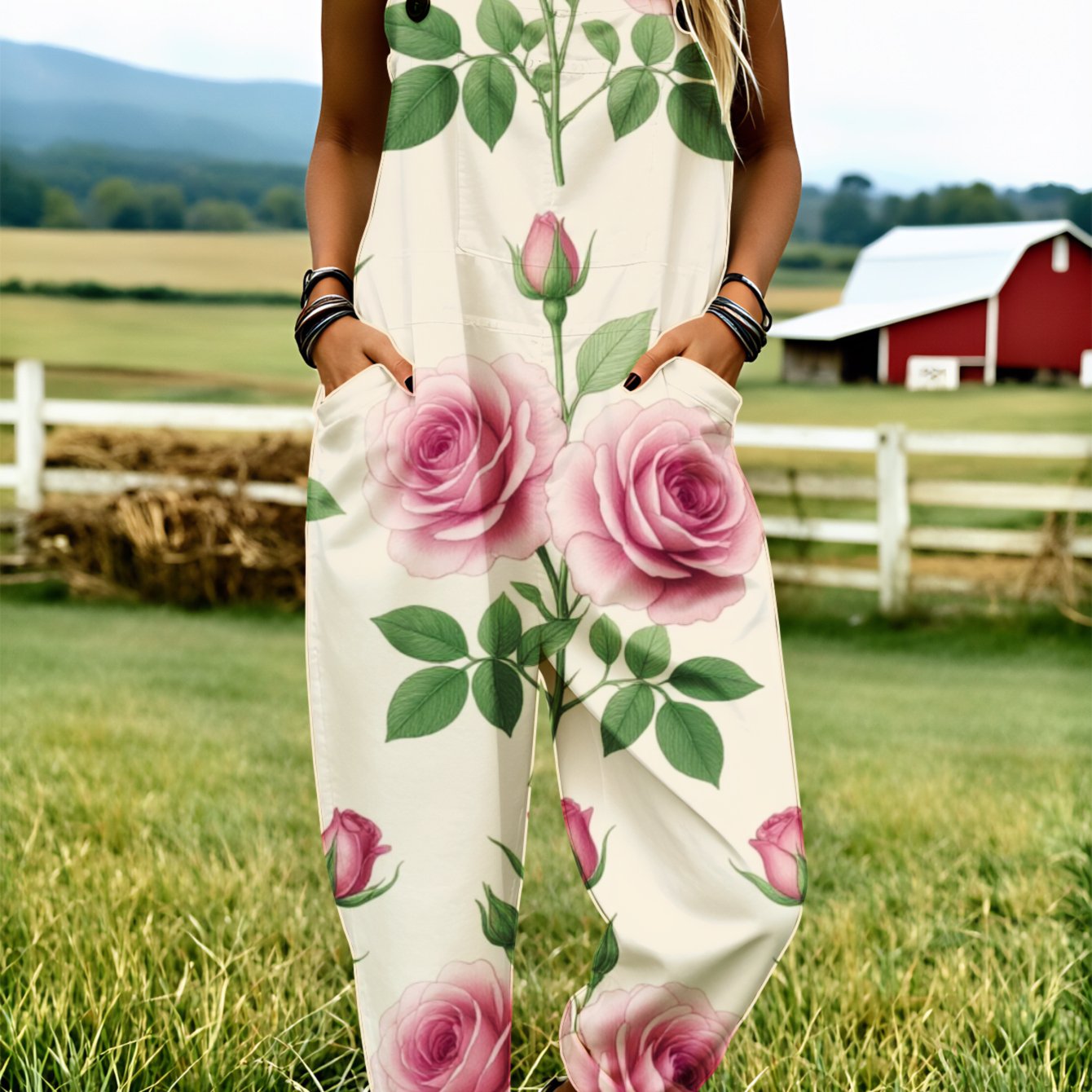 Image of Women' Size Overall Jumpsuit, Size S-2xl Pink Rose Floral Clothing Loose-fitting Overalls Print Suitable For Daily Wear And , An Ideal Gift For .