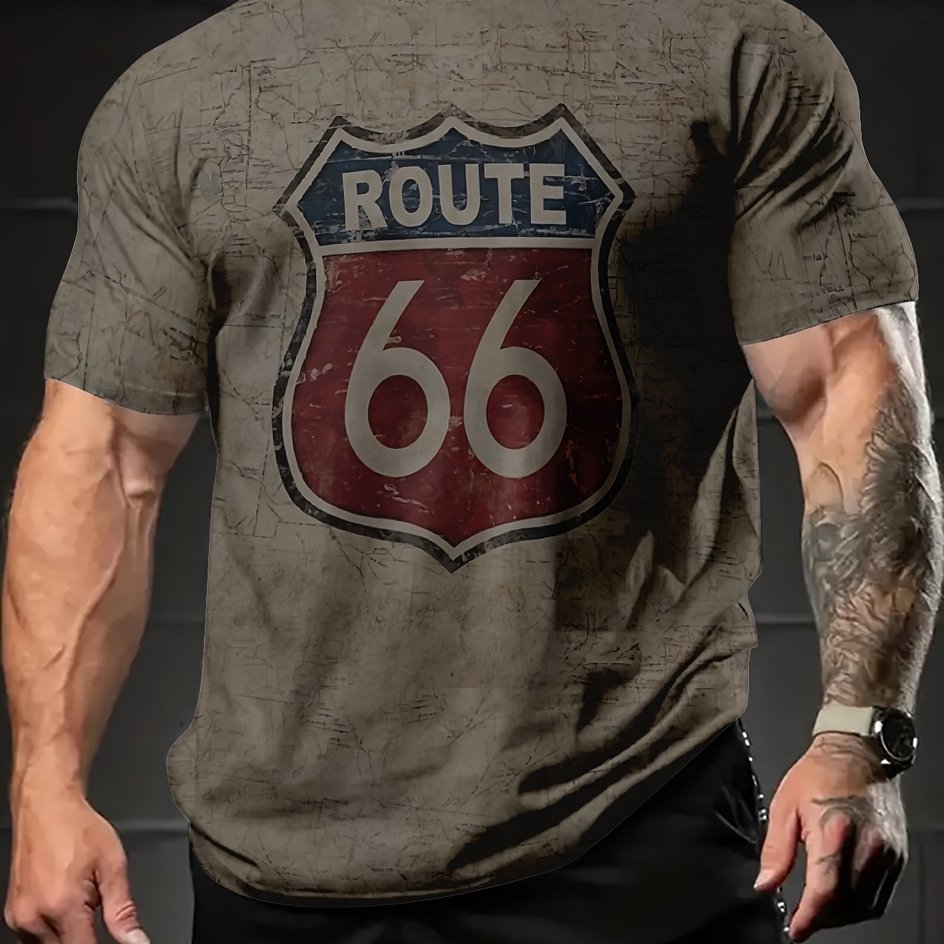 TEMU Men's Retro No. 66 Road Pattern T-shirt - Distressed , Breathable Short Sleeve Fitness And Casual Wear, Machine Washable Regular Style , Retro
