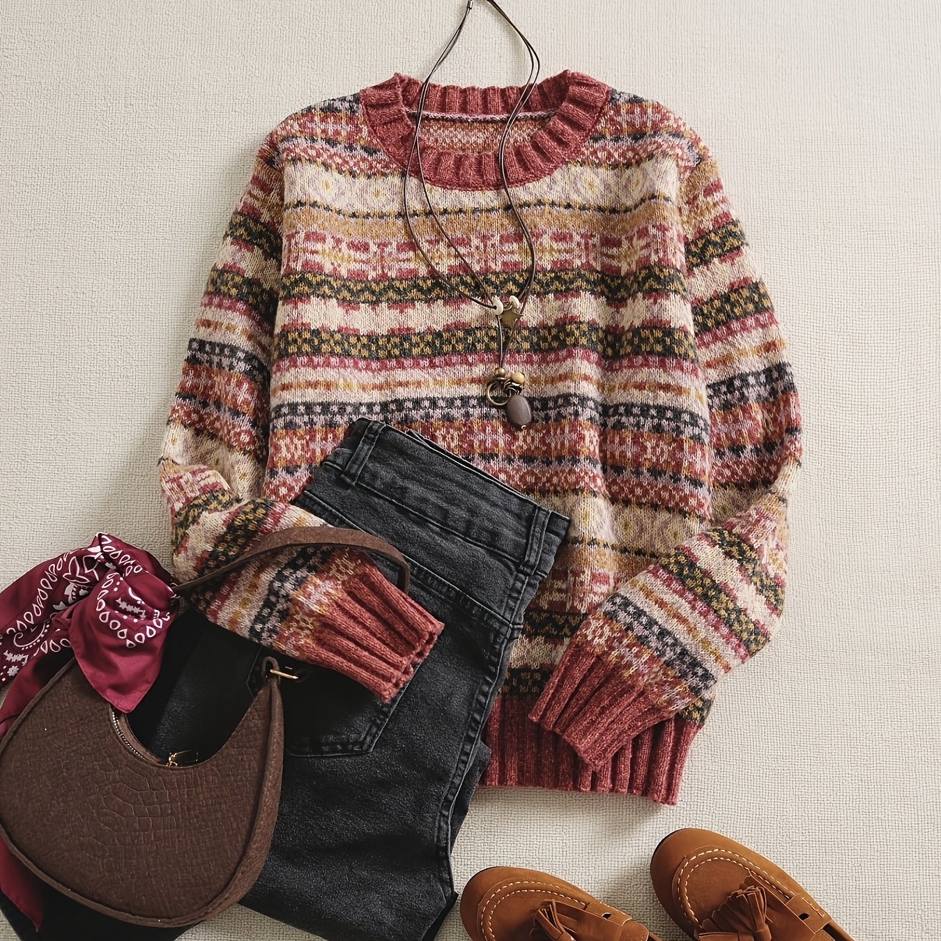 TEMU Women's Casual Color-block Sweater, Crew Neck, Autumn/ Pullover | Soft Texture Sweater