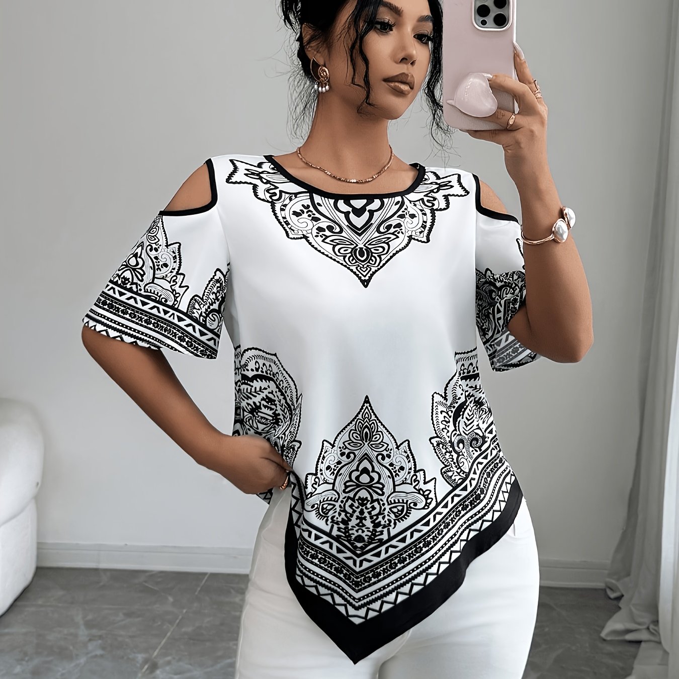 TEMU Asd1 Casual Fabric Black And White Cold Shoulder Top, Regular Length, With Cut-out Details